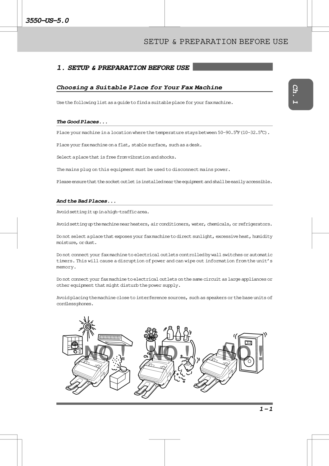 Brother 3550 manual Choosing a Suitable Place for Your Fax Machine, Good Places, Bad Places 