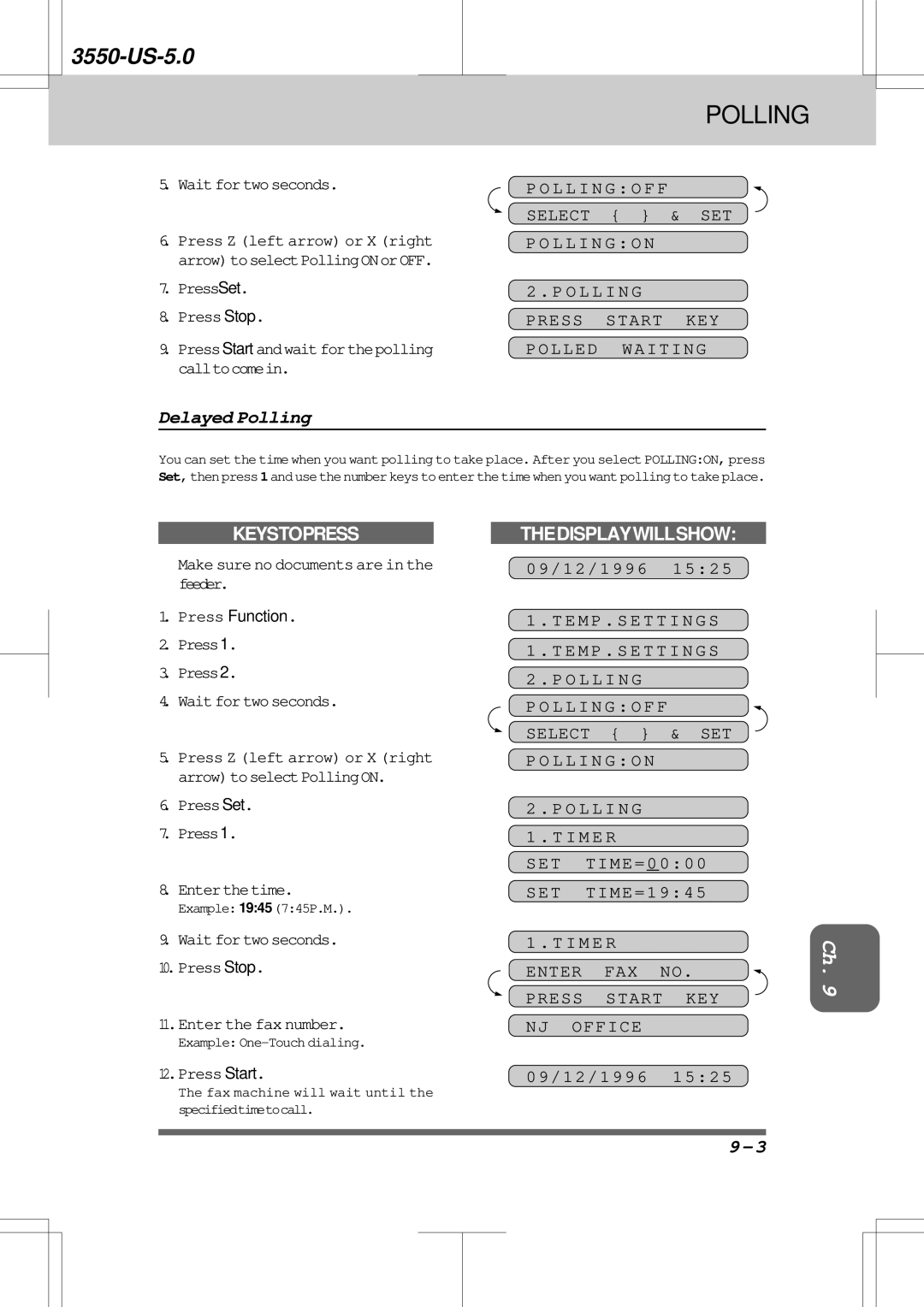 Brother 3550 manual Delayed Polling, Press Start KEY Polled Waiting, Enter FAX NO. Press Start KEY NJ Office 