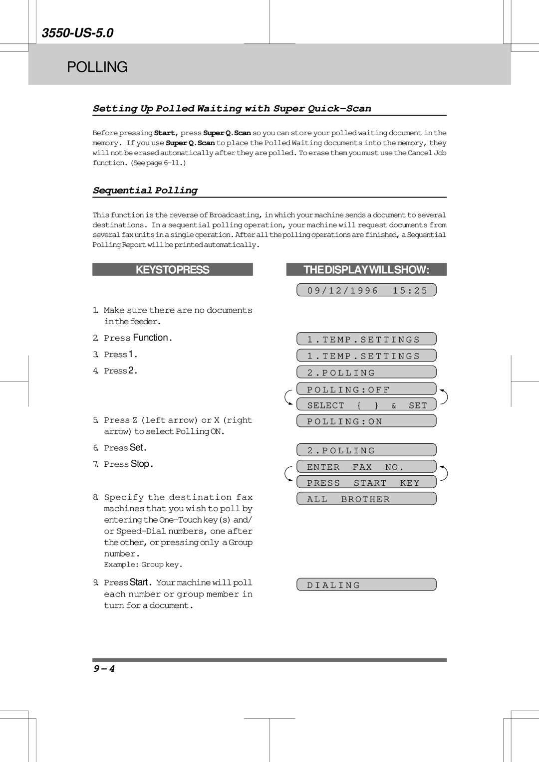 Brother 3550 manual Setting Up Polled Waiting with Super Quick-Scan, Sequential Polling 
