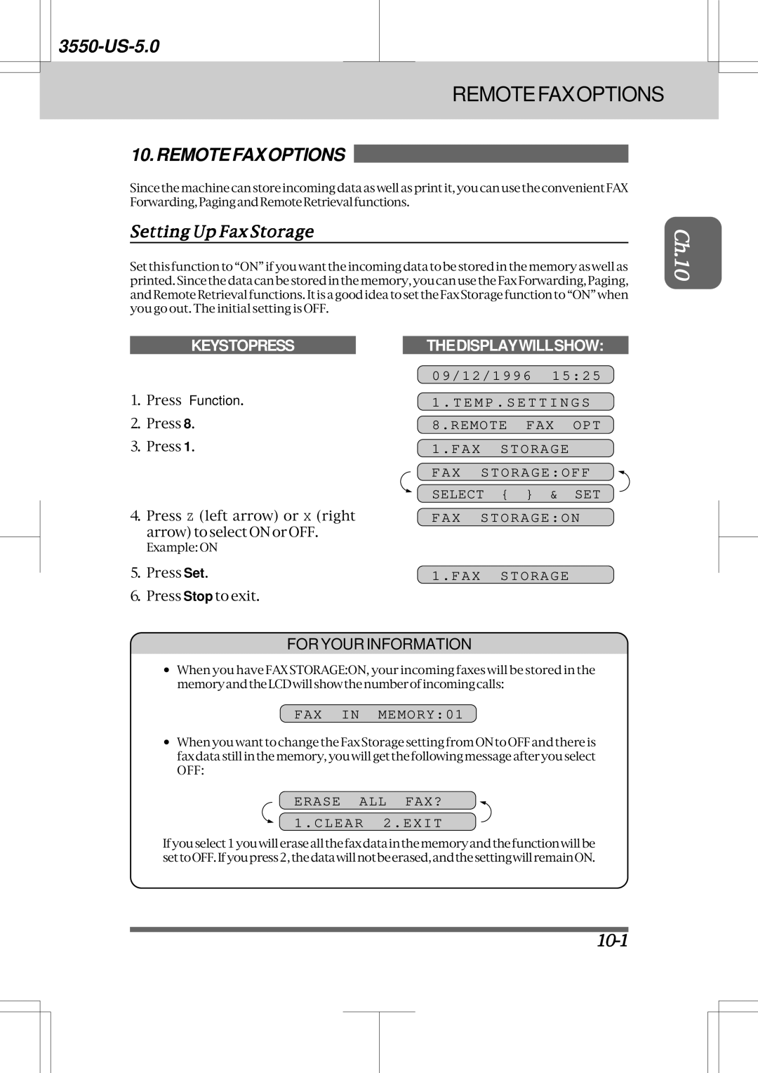 Brother 3550 manual Remotefaxoptions, Setting Up Fax Storage, 10-1, FAX in MEMORY01, Erase ALL FAX? Clear 2.EXIT 