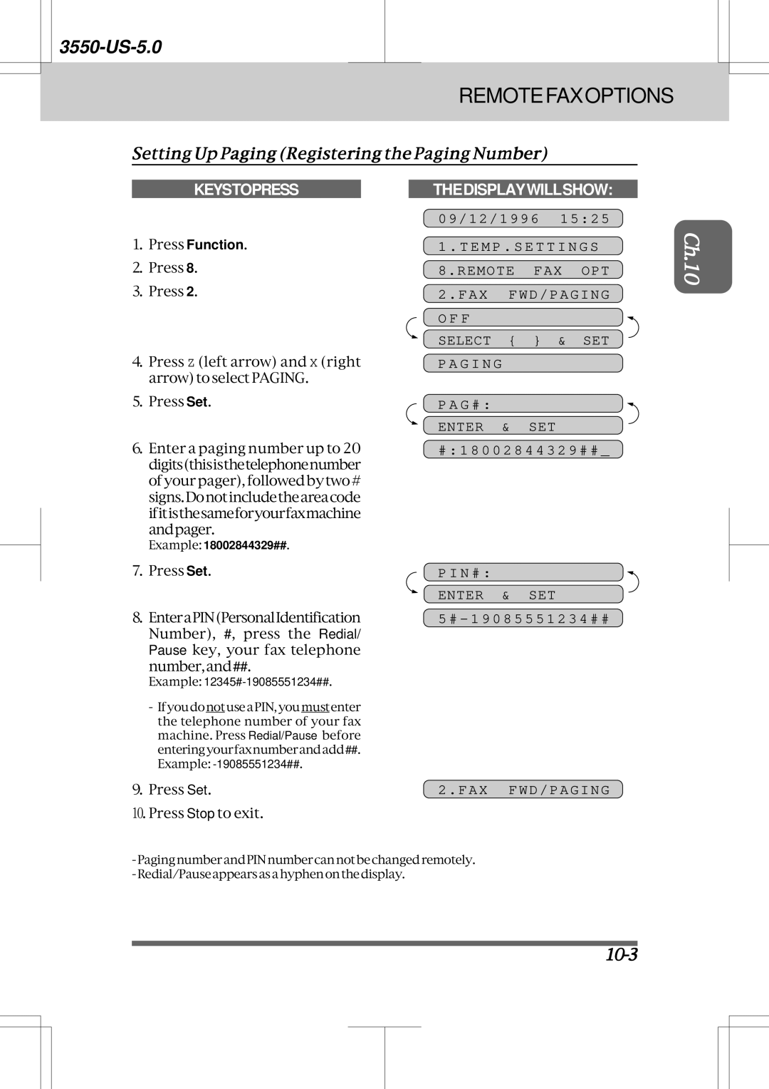 Brother 3550 manual Setting Up Paging Registering the Paging Number, 10-3 