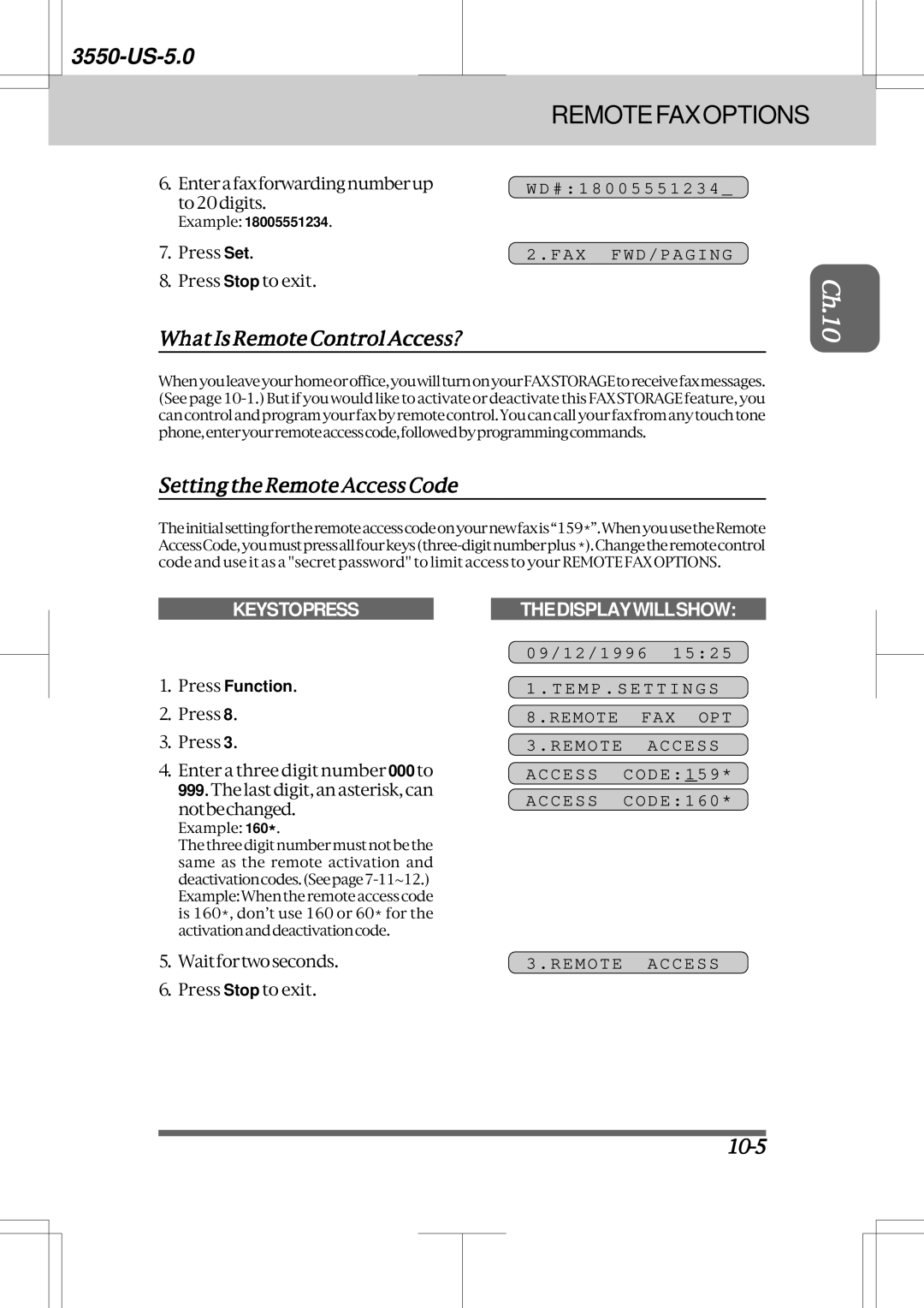 Brother 3550 manual WhatIsRemoteControlAccess?, SettingtheRemoteAccessCode, 10-5, Remote Access 