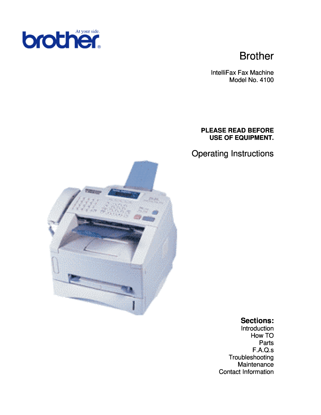 Brother 4100 manual Brother, Sections, Operating Instructions, IntelliFax Fax Machine Model No, Contact Information 