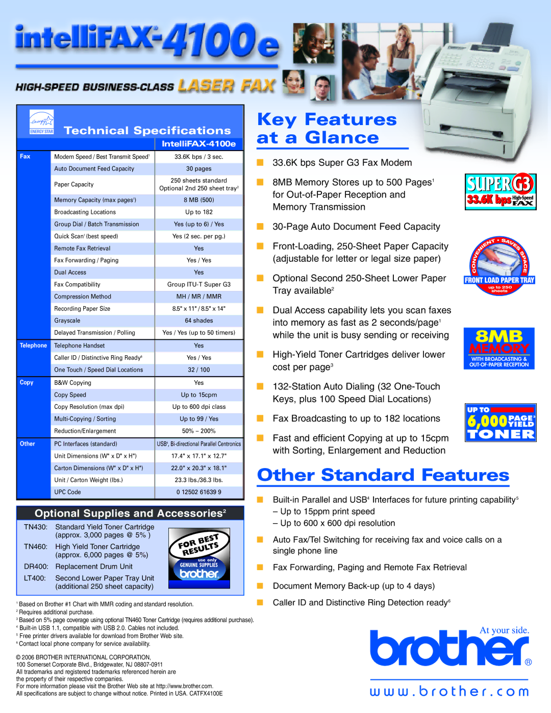 Brother 4100e manual Key Features at a Glance, Other Standard Features, Fax, Copy 