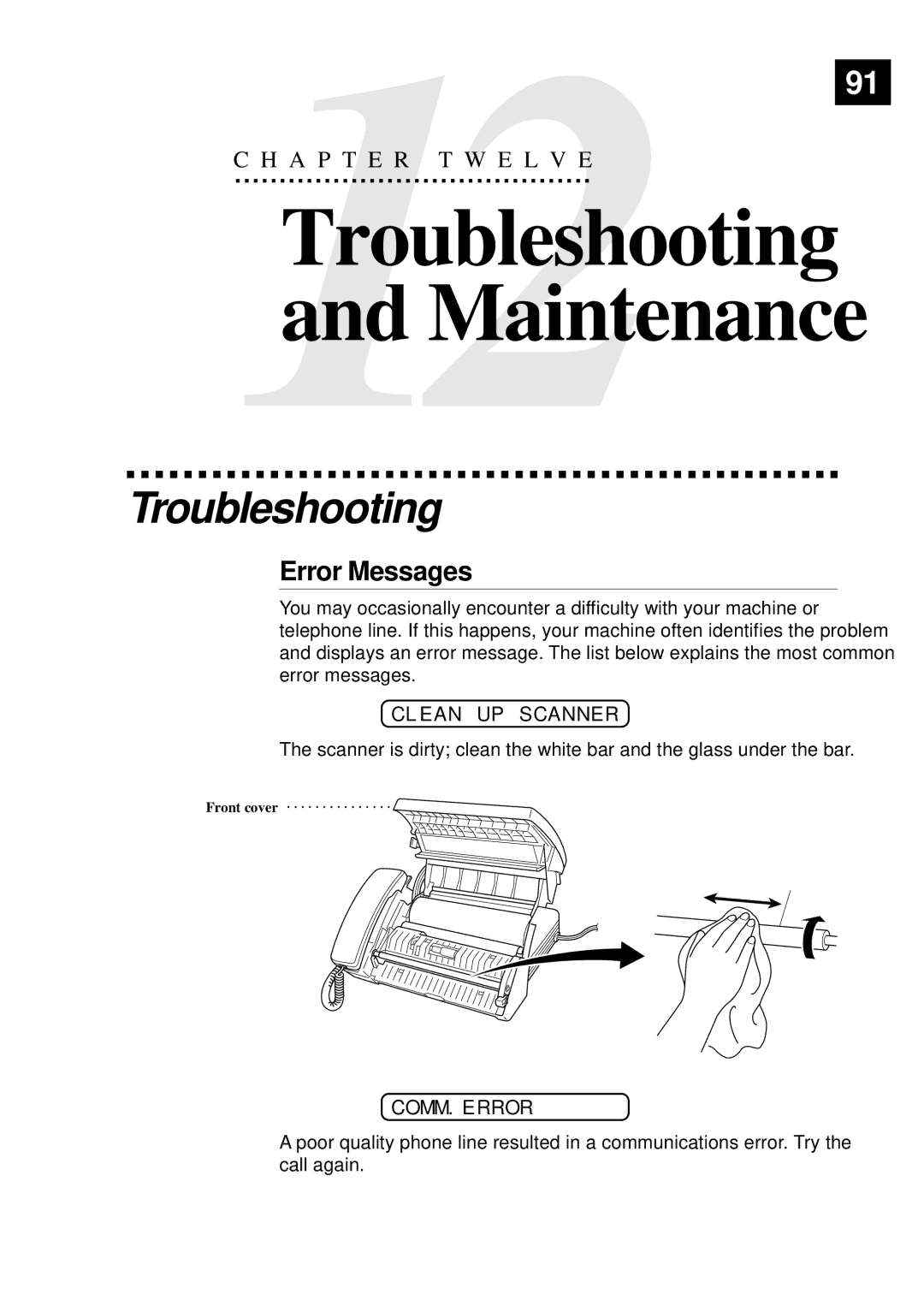 Brother 515 manual Troubleshooting, Error Messages, Clean UP Scanner, Comm.Error 