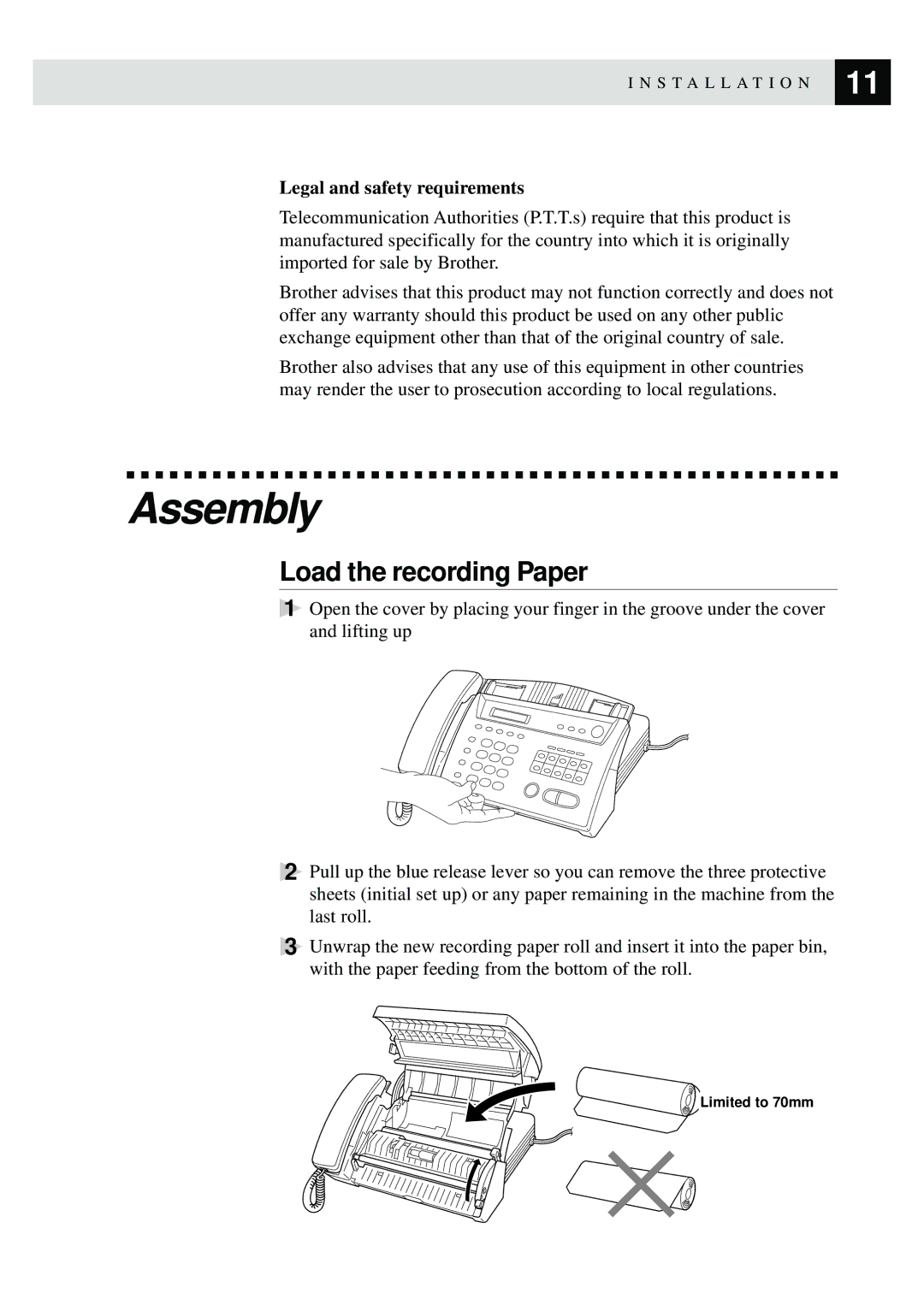 Brother 515 manual Assembly, Load the recording Paper 