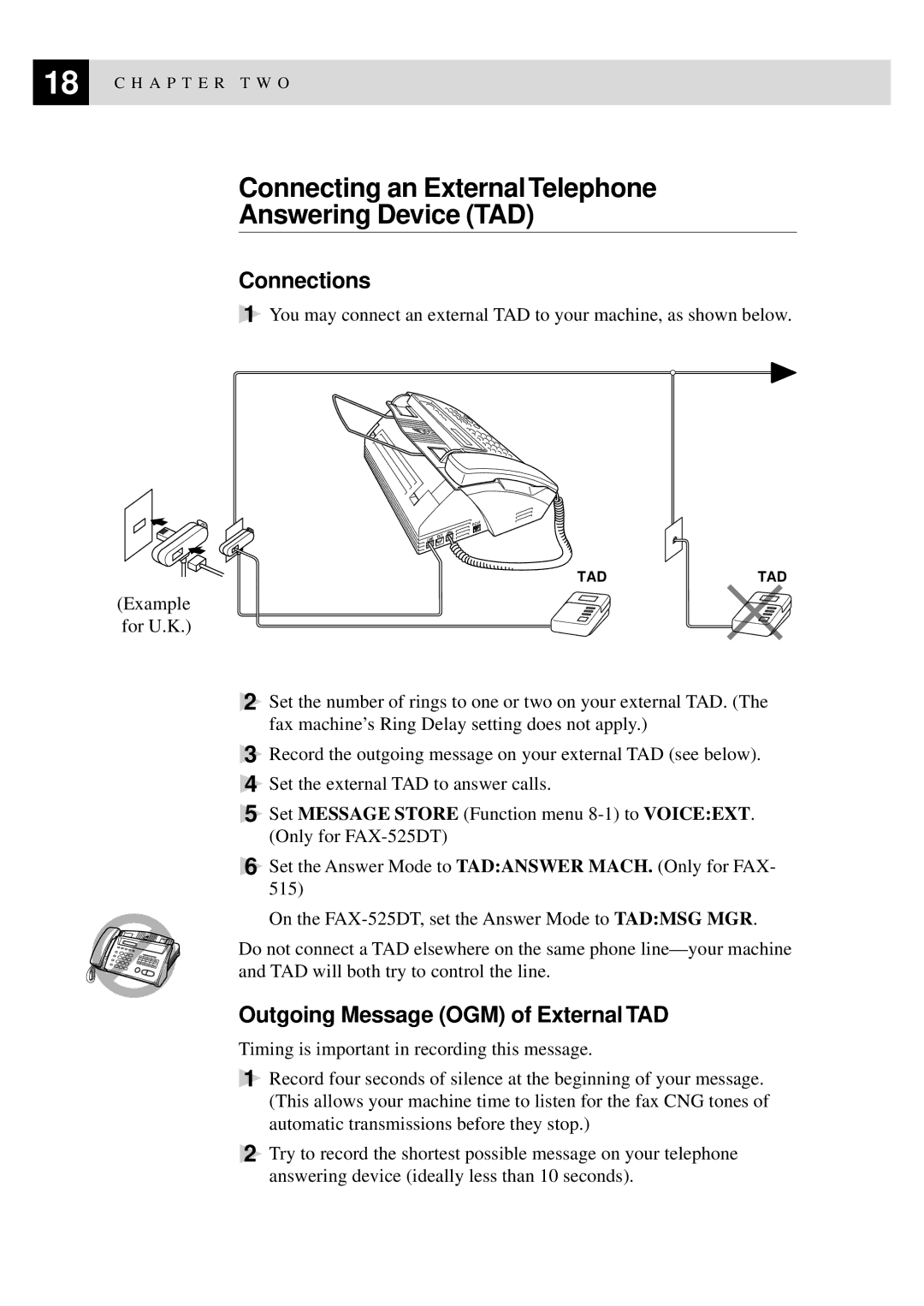 Brother 515 manual Connecting an External Telephone Answering Device TAD, Connections, Outgoing Message OGM of External TAD 