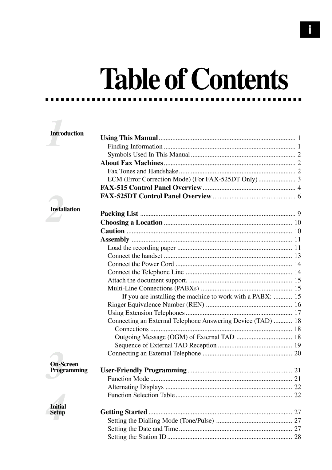 Brother 515 manual Table of Contents 