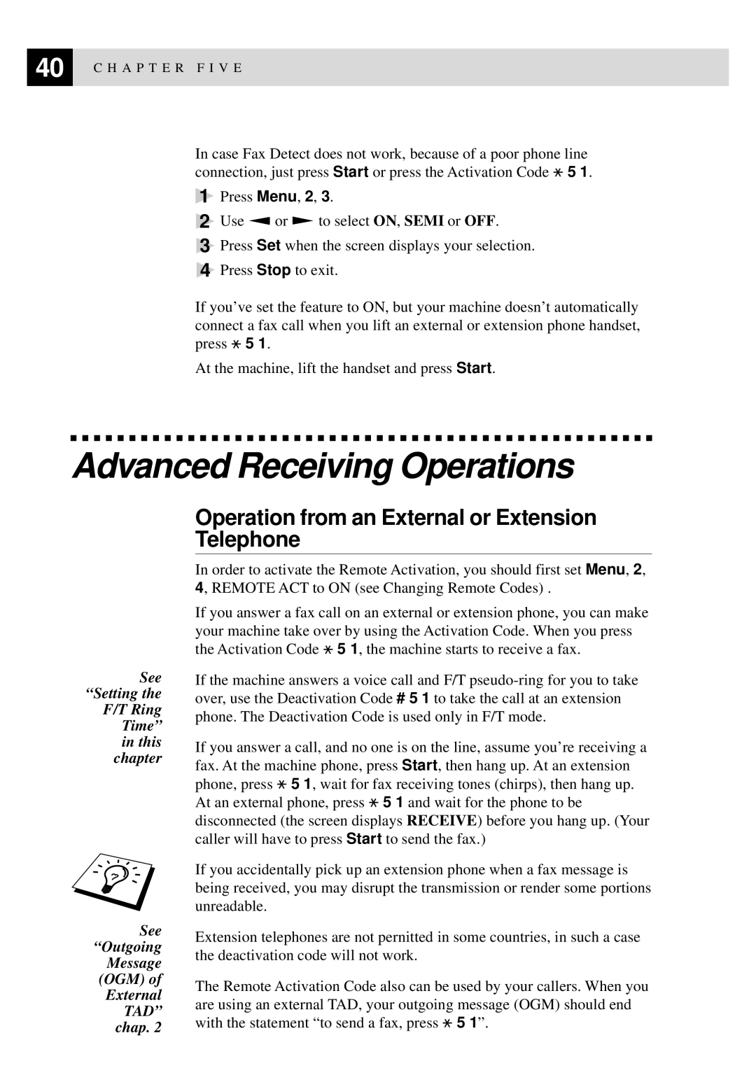 Brother 515 manual Advanced Receiving Operations, Operation from an External or Extension Telephone 