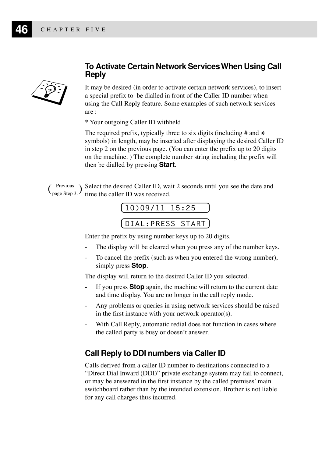 Brother 515 manual To Activate Certain Network Services When Using Call Reply, Call Reply to DDI numbers via Caller ID 