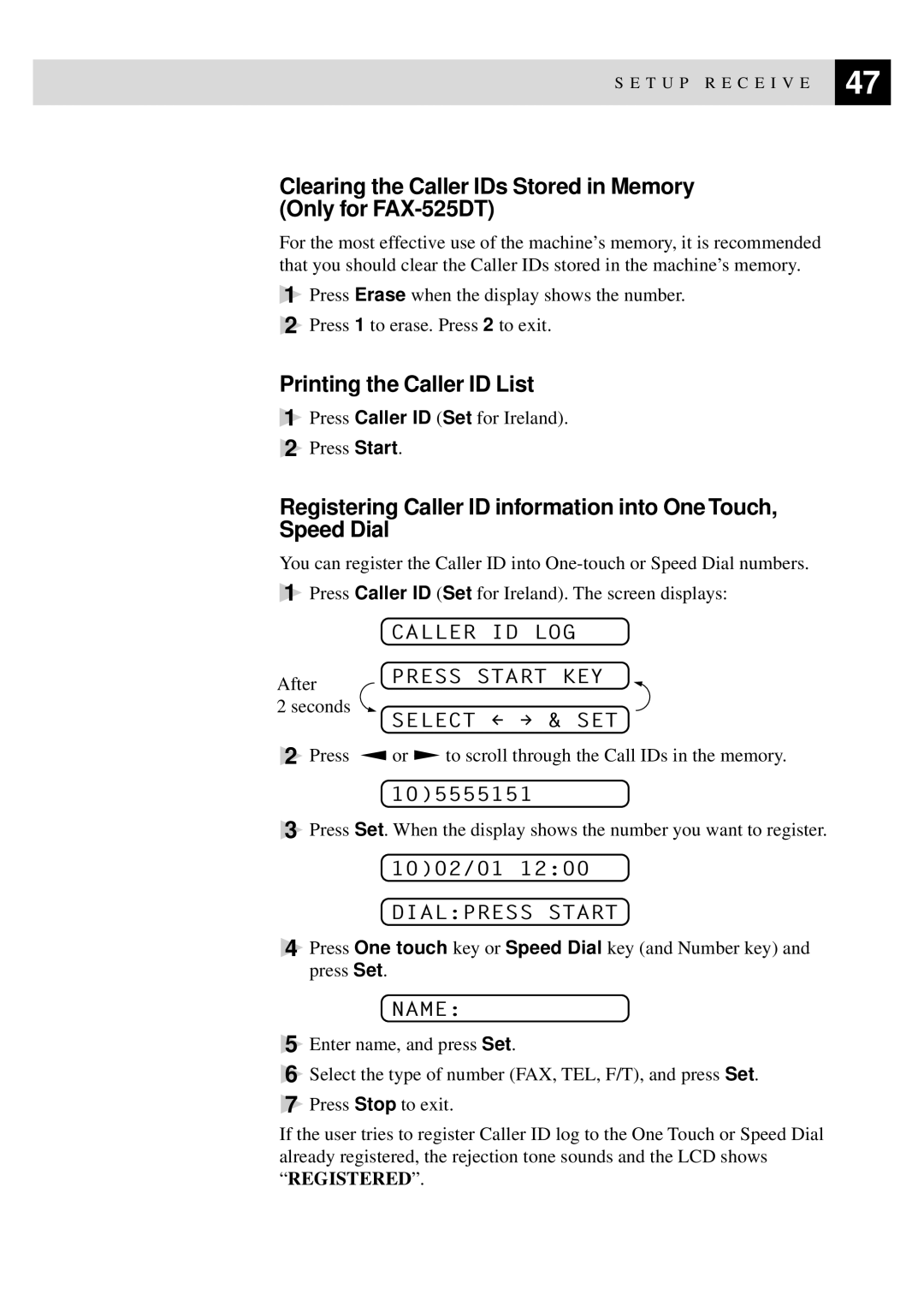 Brother 515 manual Clearing the Caller IDs Stored in Memory Only for FAX-525DT, Printing the Caller ID List, Name 