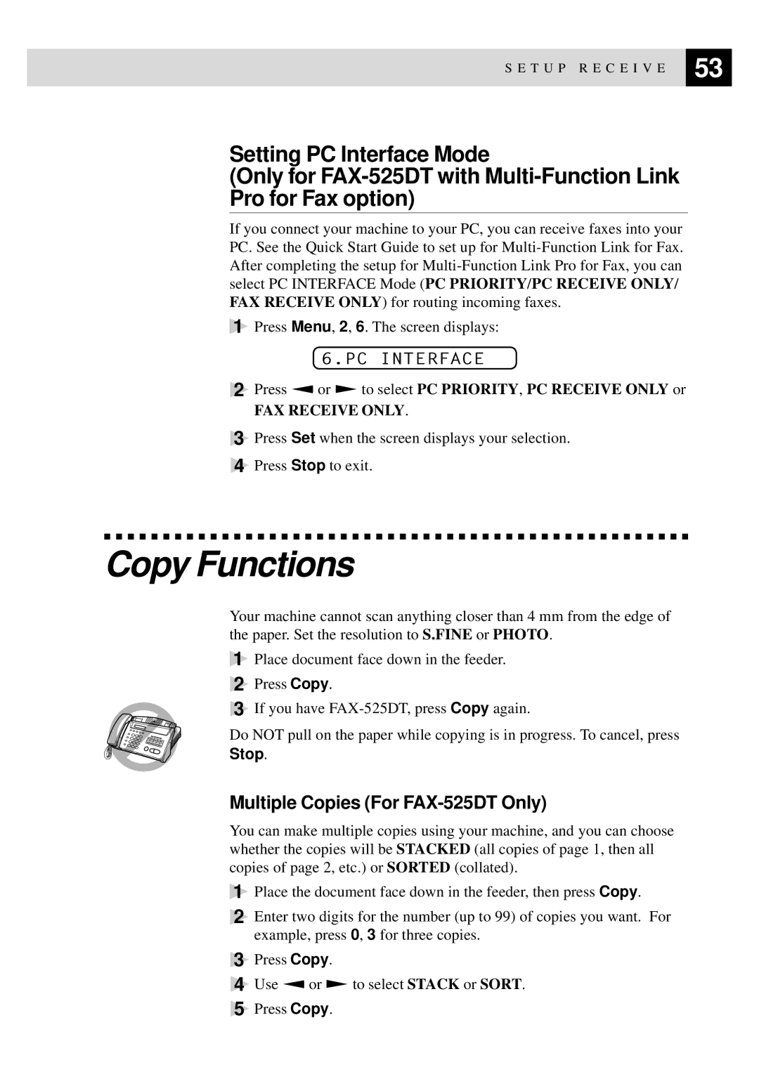 Brother 515 manual Copy Functions, Multiple Copies For FAX-525DT Only, PC Interface 