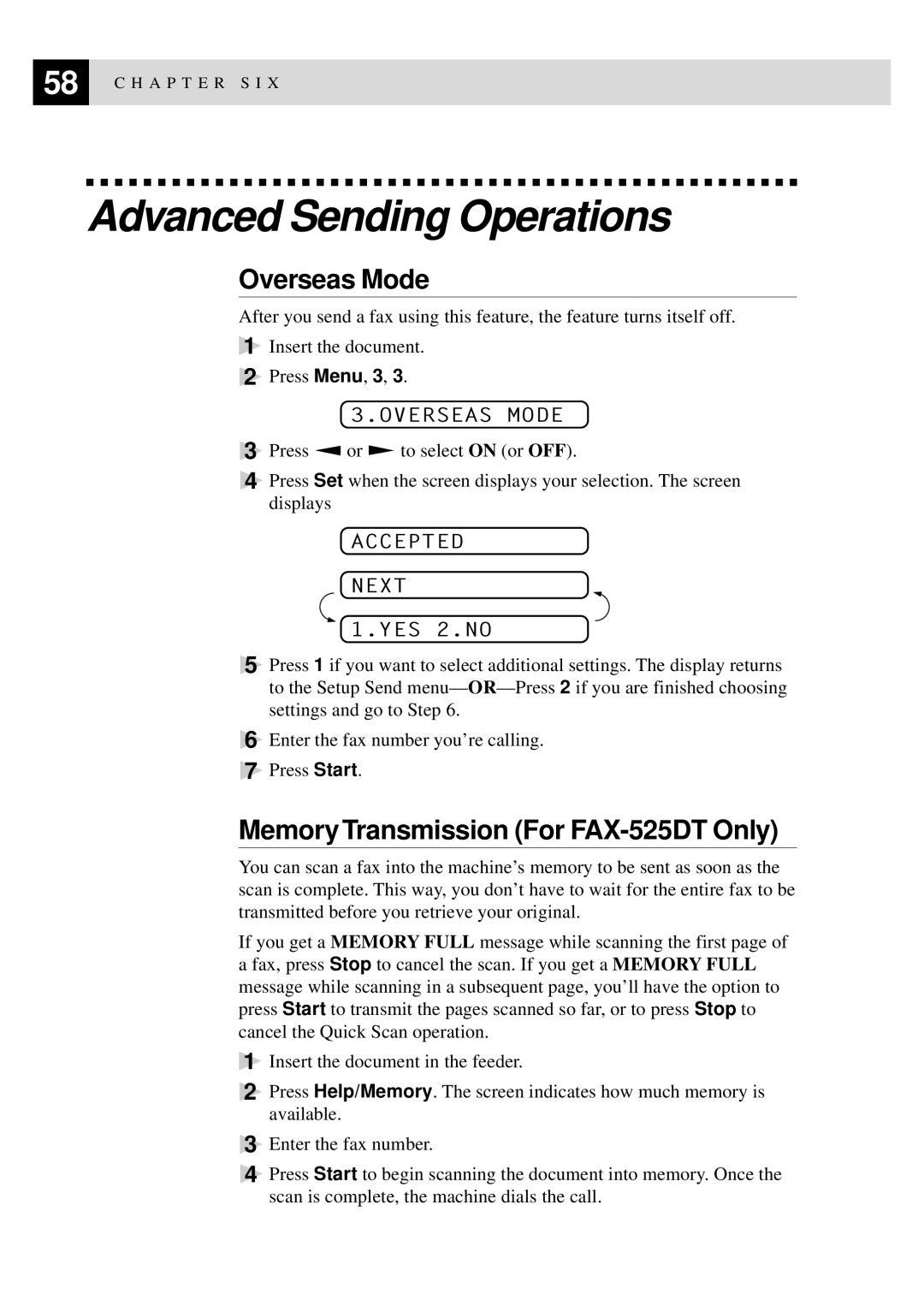 Brother 515 manual Advanced Sending Operations, Overseas Mode, Memory Transmission For FAX-525DT Only 