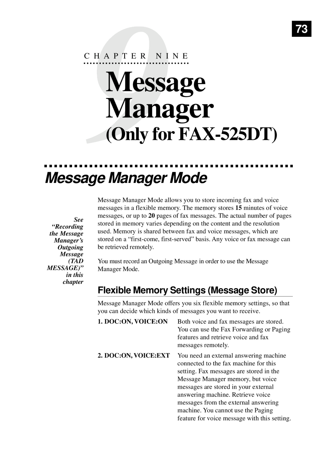 Brother 515 manual Message Manager Mode, Flexible Memory Settings Message Store 