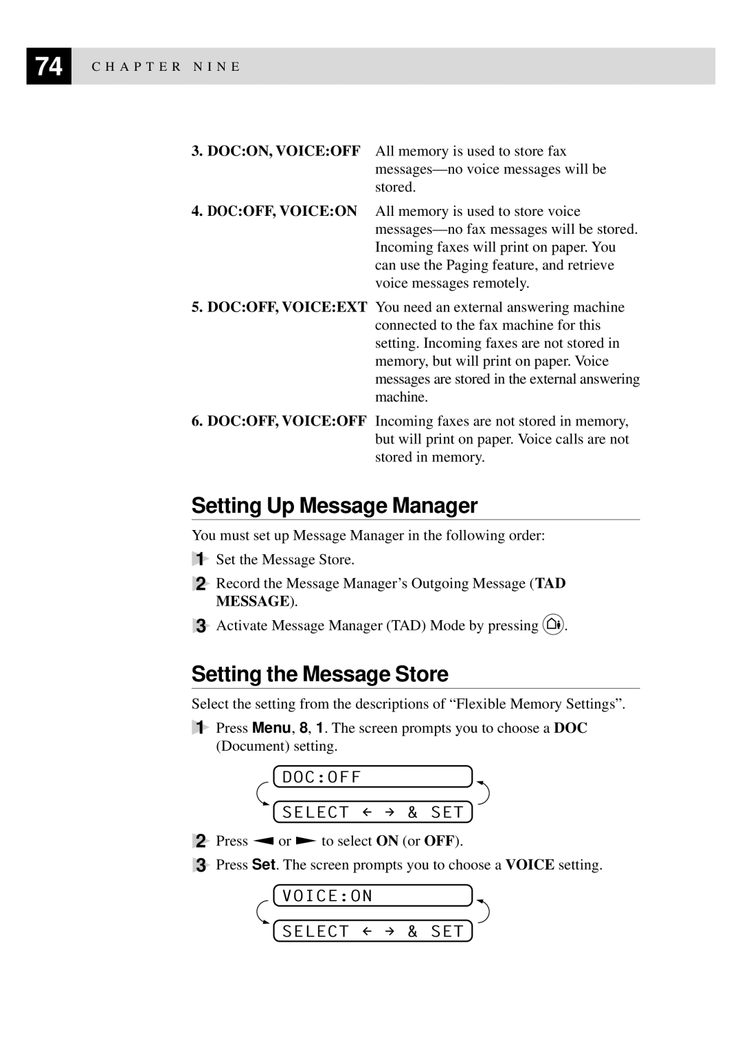 Brother 515 manual Setting Up Message Manager, Setting the Message Store, Docoff Select & SET, Voiceon Select & SET 