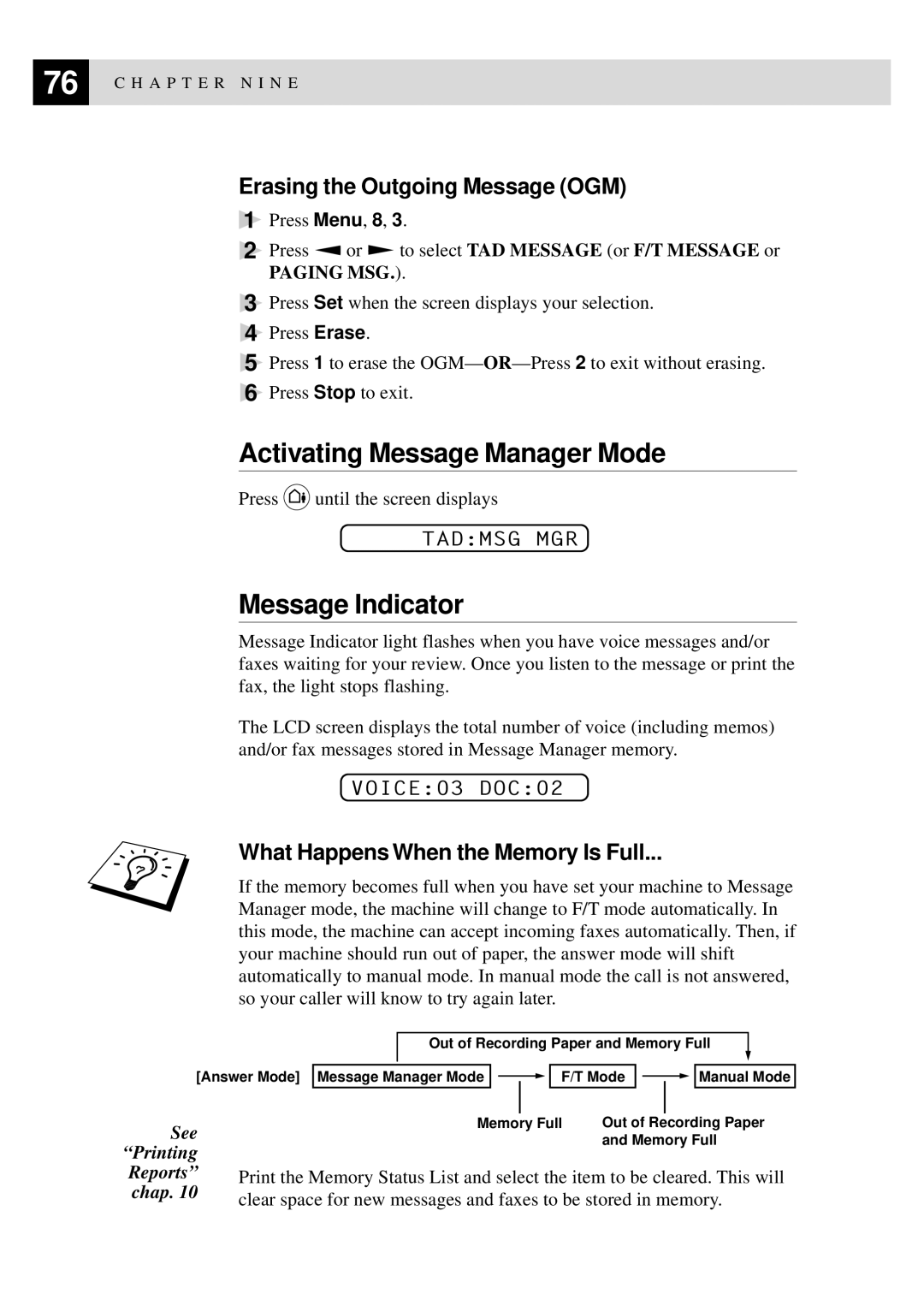 Brother 515 manual Activating Message Manager Mode, Message Indicator, Erasing the Outgoing Message OGM, VOICE03 DOC02 