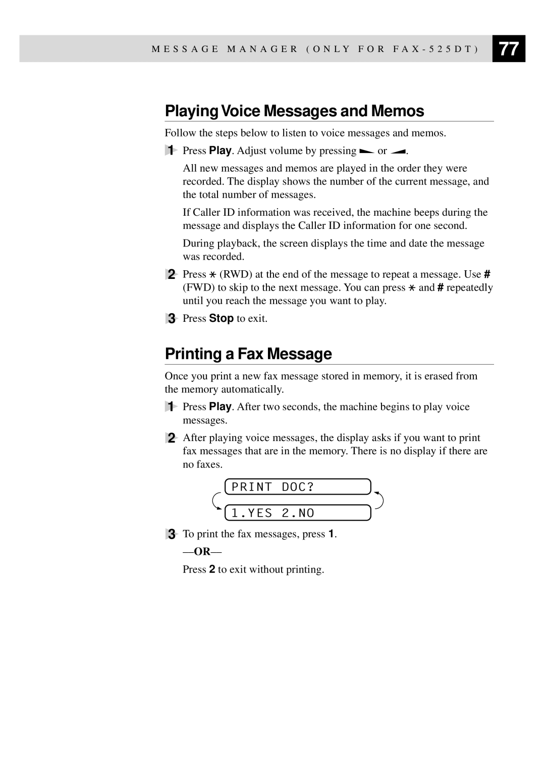 Brother 515 manual Playing Voice Messages and Memos, Printing a Fax Message, Print DOC? 