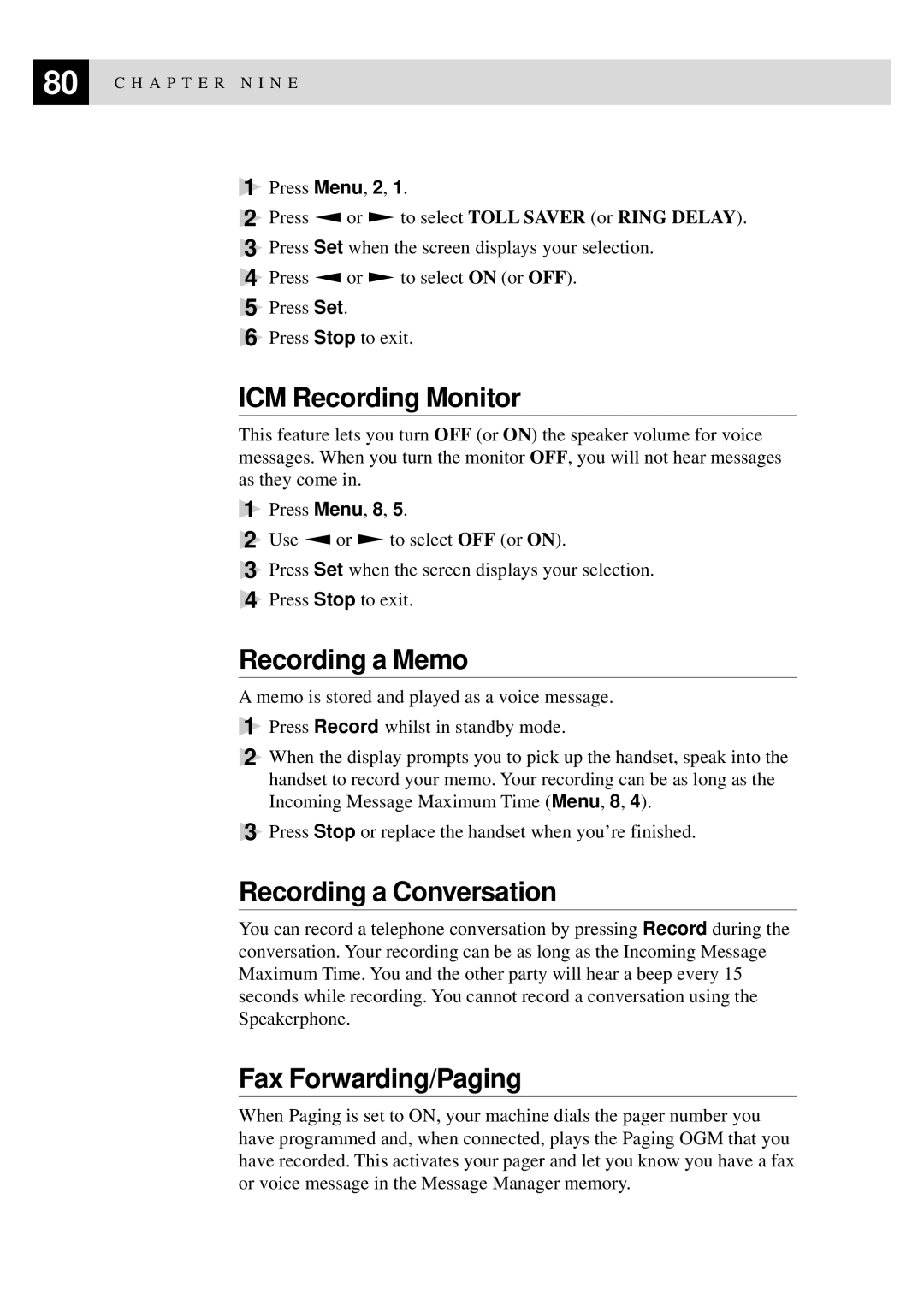 Brother 515 manual ICM Recording Monitor, Recording a Memo, Recording a Conversation, Fax Forwarding/Paging 