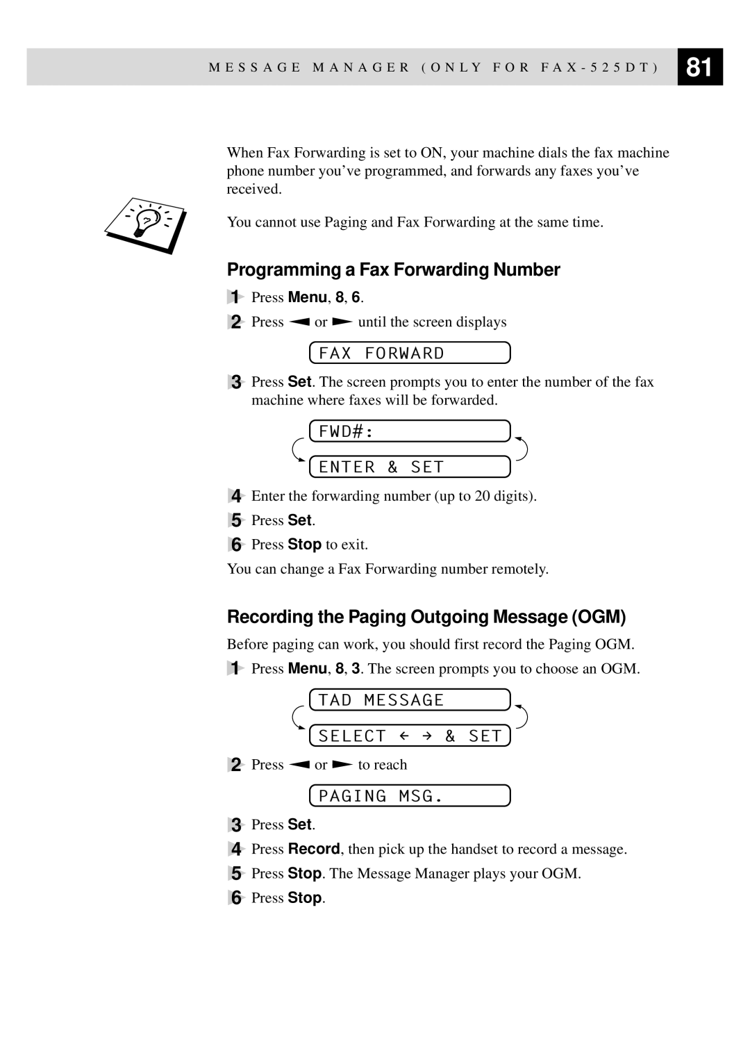 Brother 515 Programming a Fax Forwarding Number, Recording the Paging Outgoing Message OGM, FAX Forward, FWD# Enter & SET 