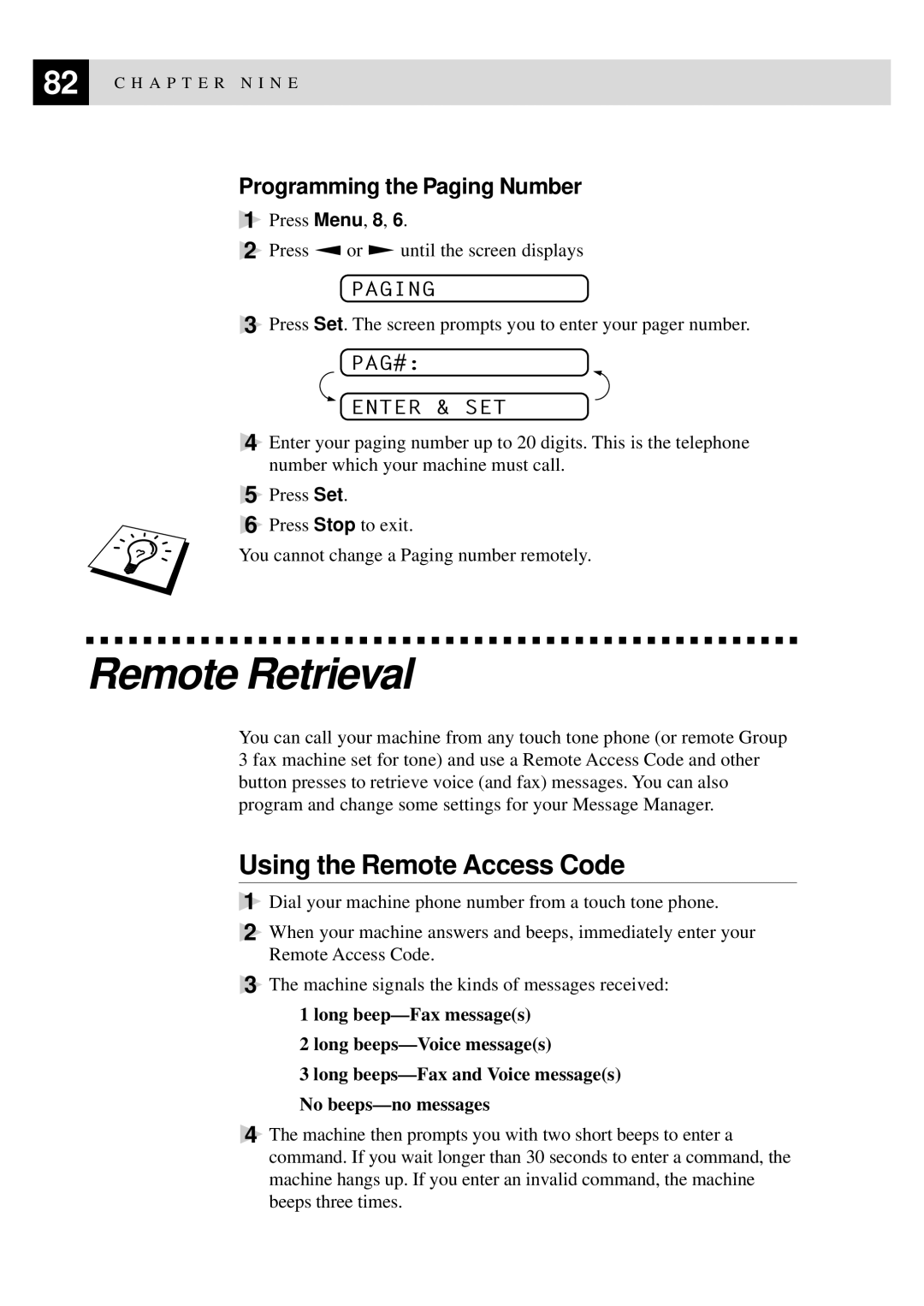 Brother 515 manual Remote Retrieval, Using the Remote Access Code, Programming the Paging Number, PAG# Enter & SET 