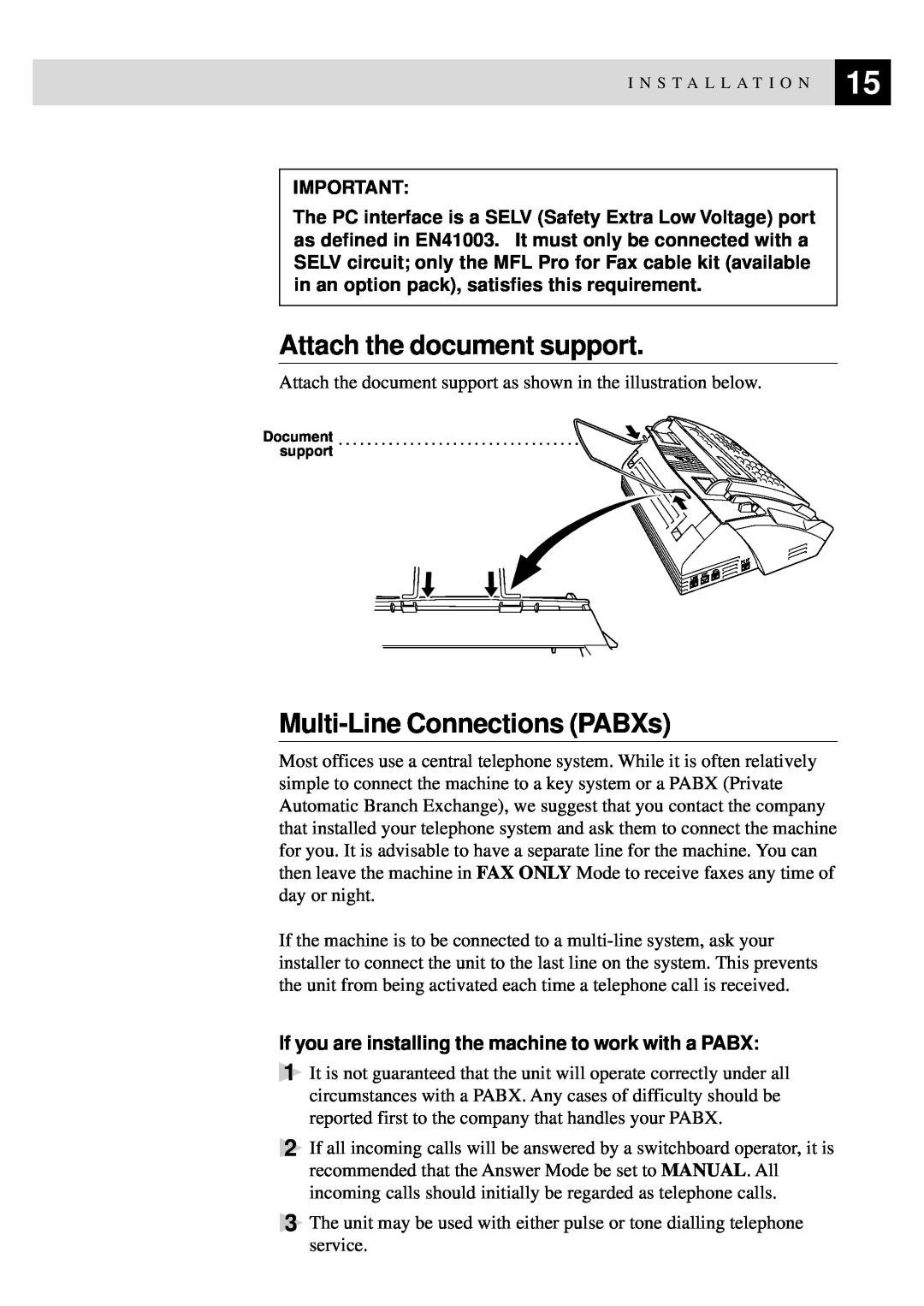 Brother 515 manual Attach the document support, Multi-Line Connections PABXs 