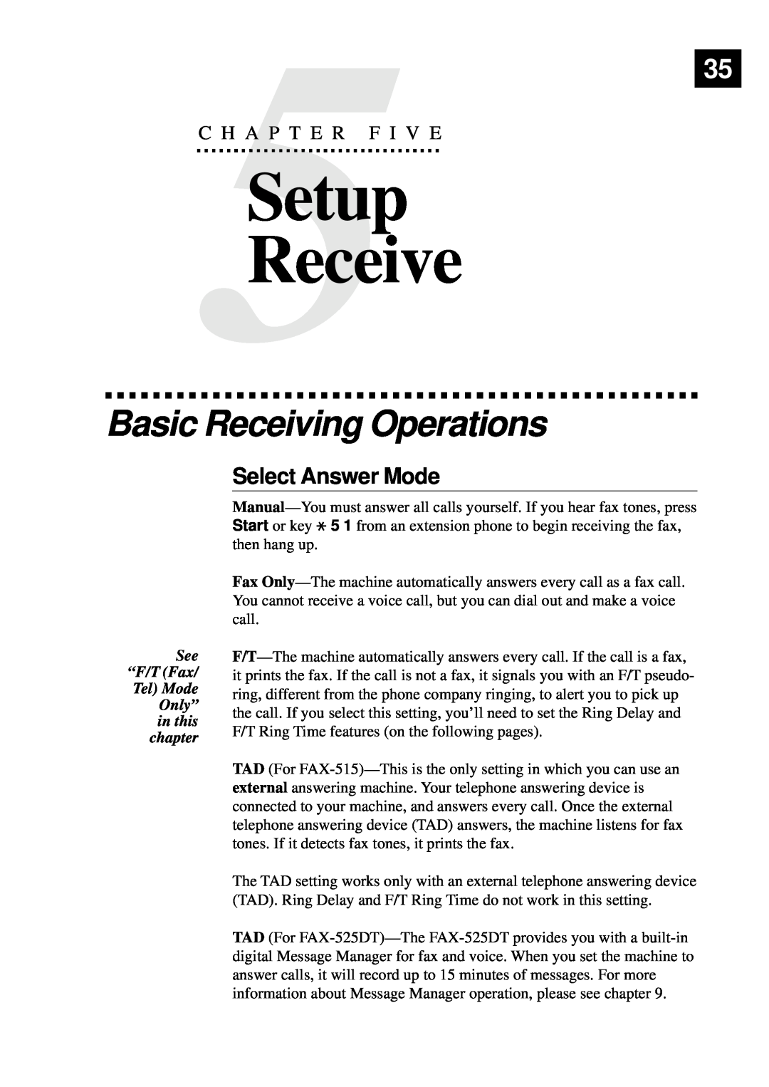 Brother 515 manual Setup, Receive, Basic Receiving Operations, Select Answer Mode, C H A P T E R F I V E 