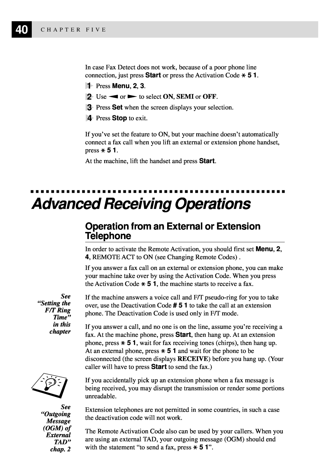 Brother 515 manual Advanced Receiving Operations, Operation from an External or Extension Telephone 