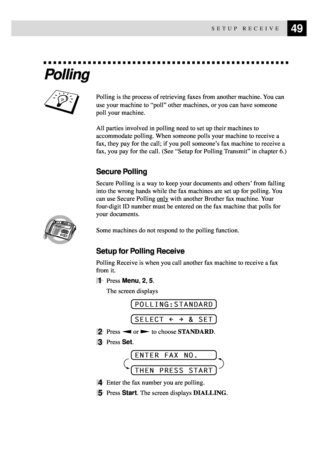 Brother 515 Secure Polling, Setup for Polling Receive, Pollingstandard Select & Set, Enter Fax No Then Press Start 
