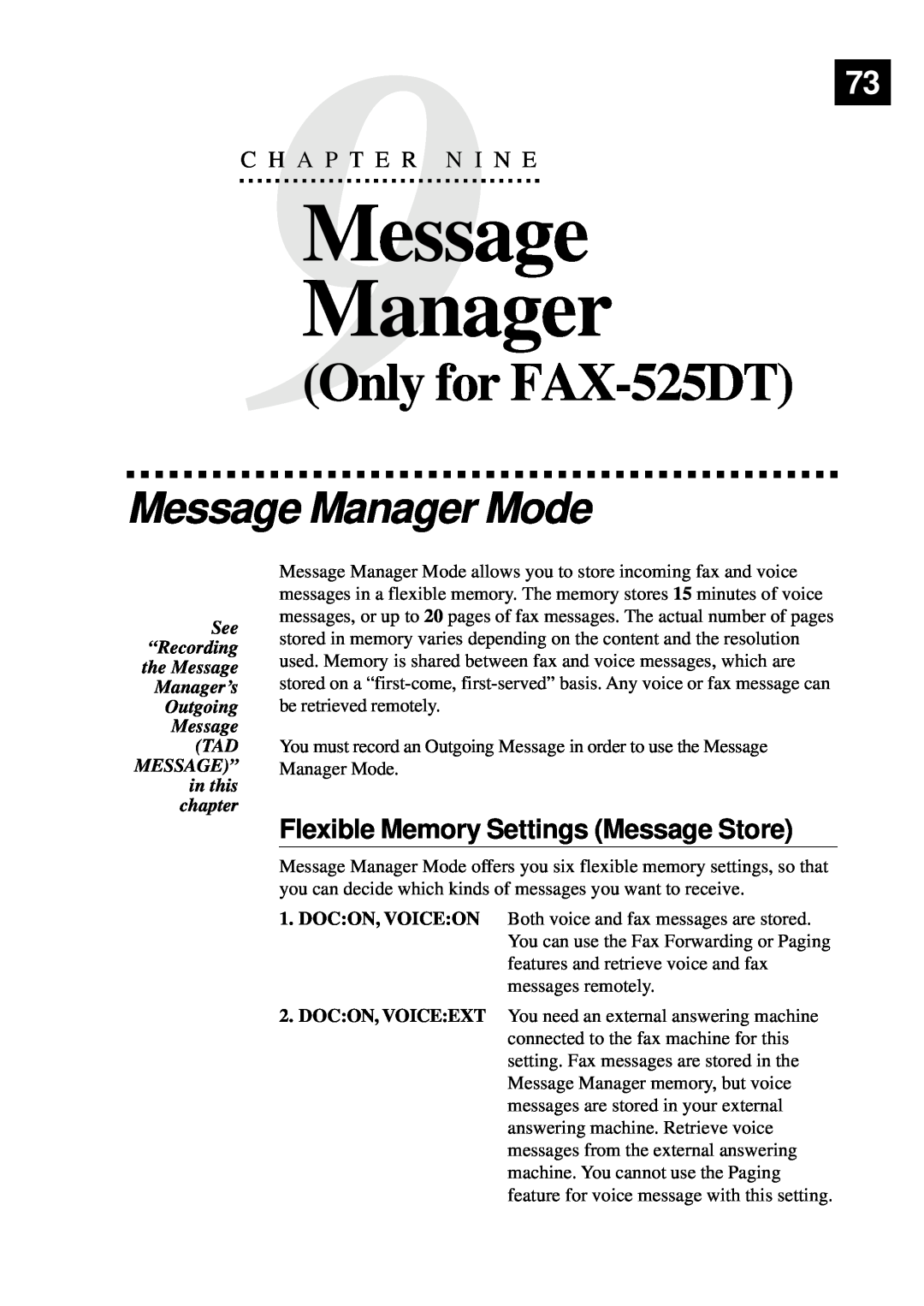 Brother 515 manual Message Manager Mode, Flexible Memory Settings Message Store, C H A P T E R N I N E 
