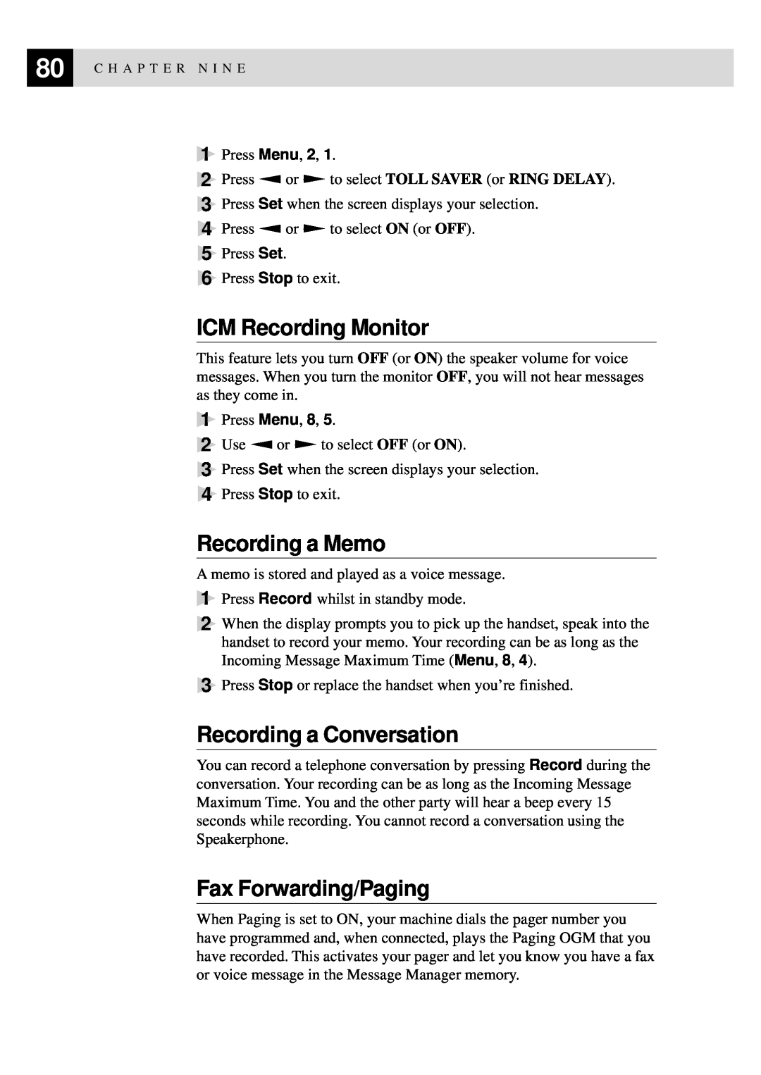 Brother 515 manual ICM Recording Monitor, Recording a Memo, Recording a Conversation, Fax Forwarding/Paging 