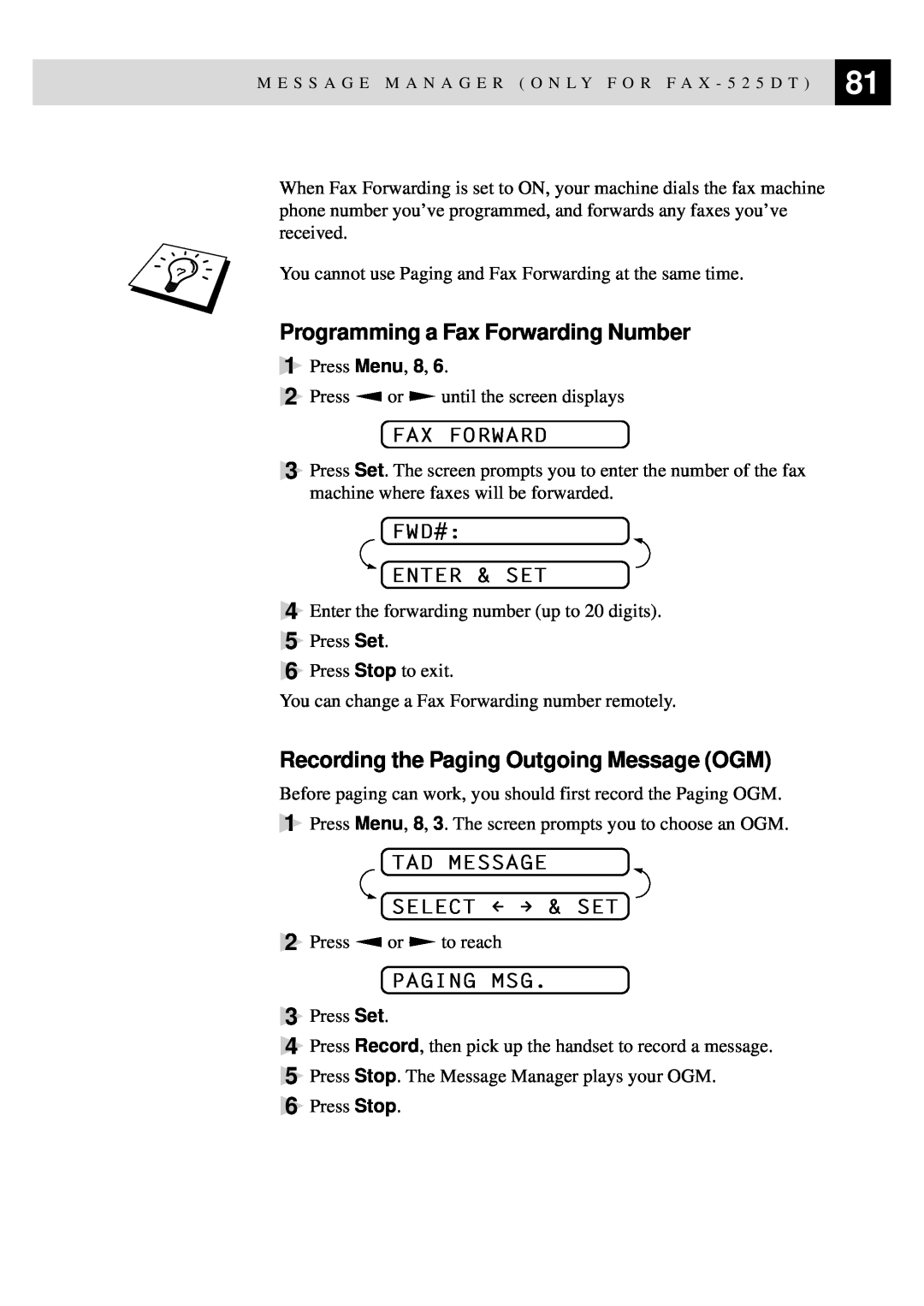 Brother 515 Programming a Fax Forwarding Number, Recording the Paging Outgoing Message OGM, Fwd# Enter & Set, Paging Msg 
