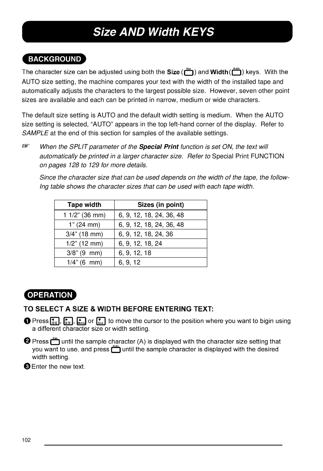 Brother 530, P-touch 550 manual Tape width Sizes in point 