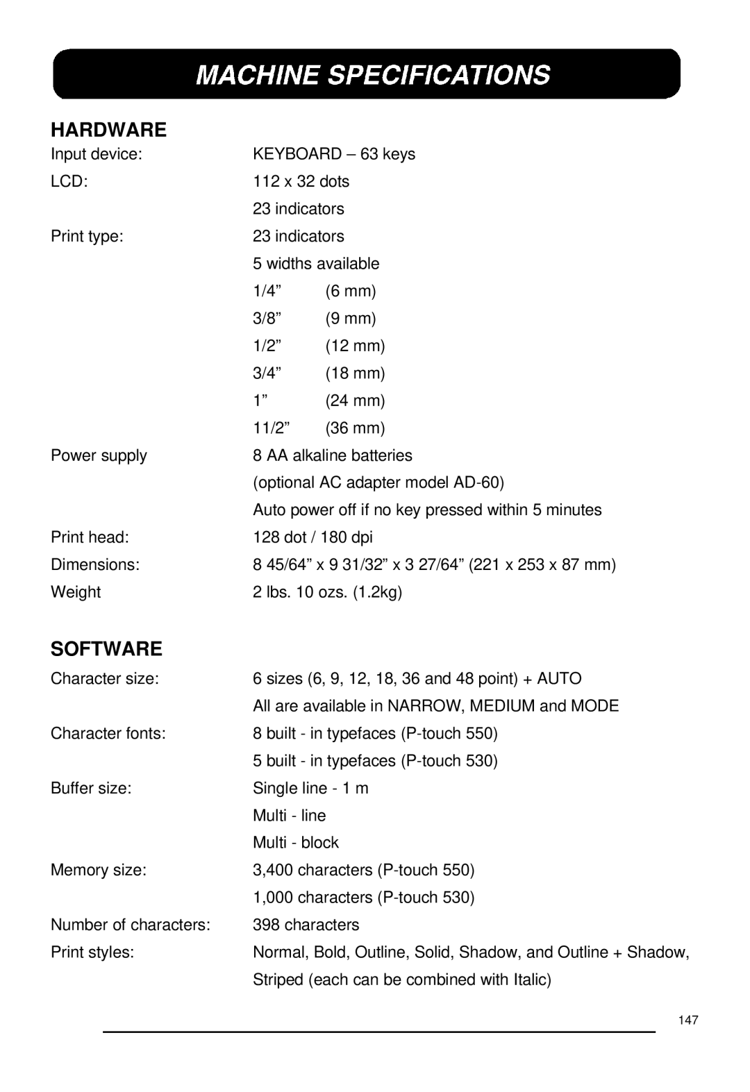 Brother P-touch 550, 530 manual Hardware 