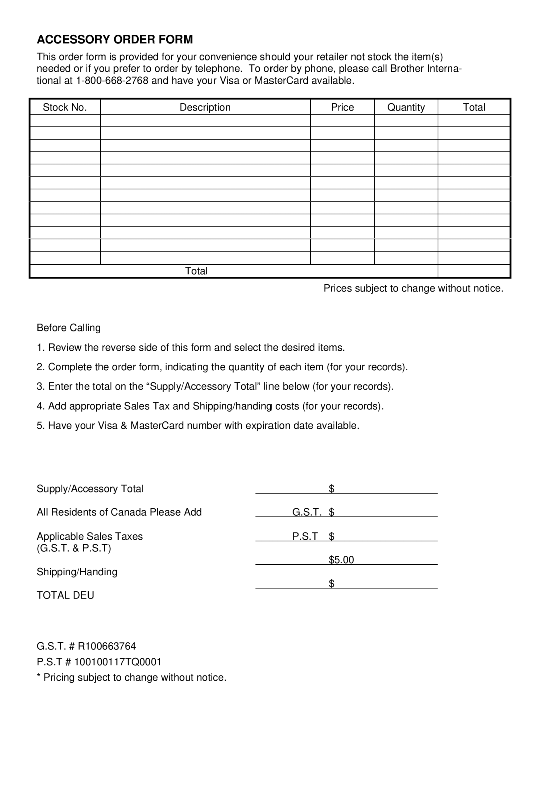 Brother P-touch 550, 530 manual Accessory Order Form 