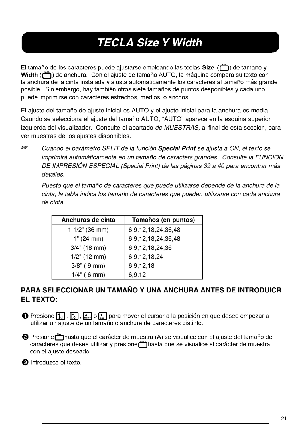 Brother P-touch 550, 530 manual Anchuras de cinta Tamaños en puntos 