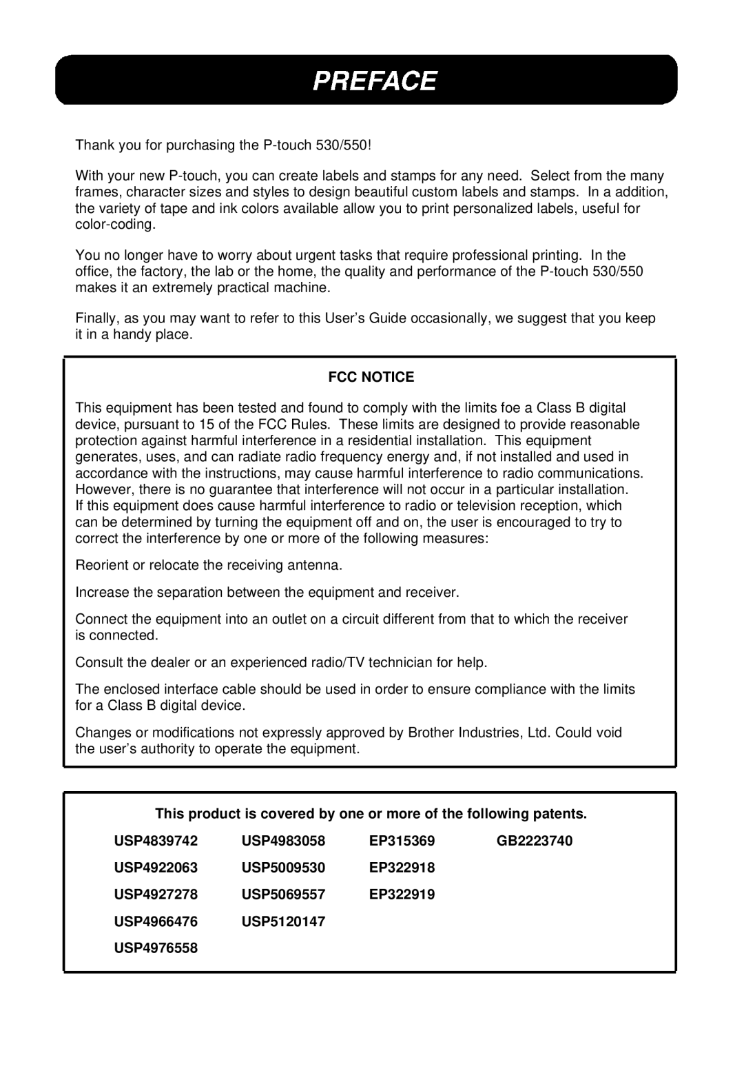 Brother 530, P-touch 550 manual FCC Notice 