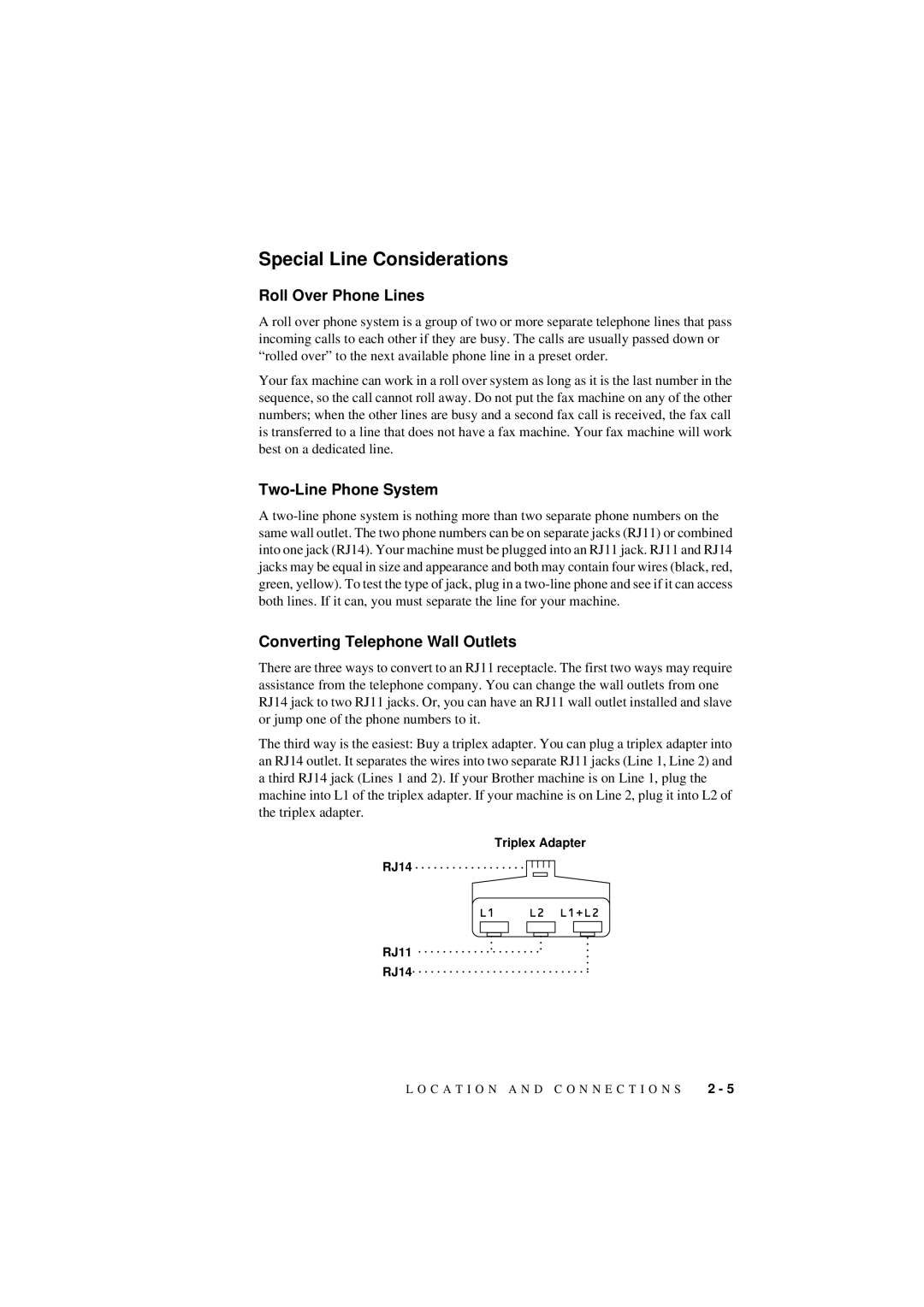 Brother 560 Special Line Considerations, Roll Over Phone Lines, Two-Line Phone System, Converting Telephone Wall Outlets 