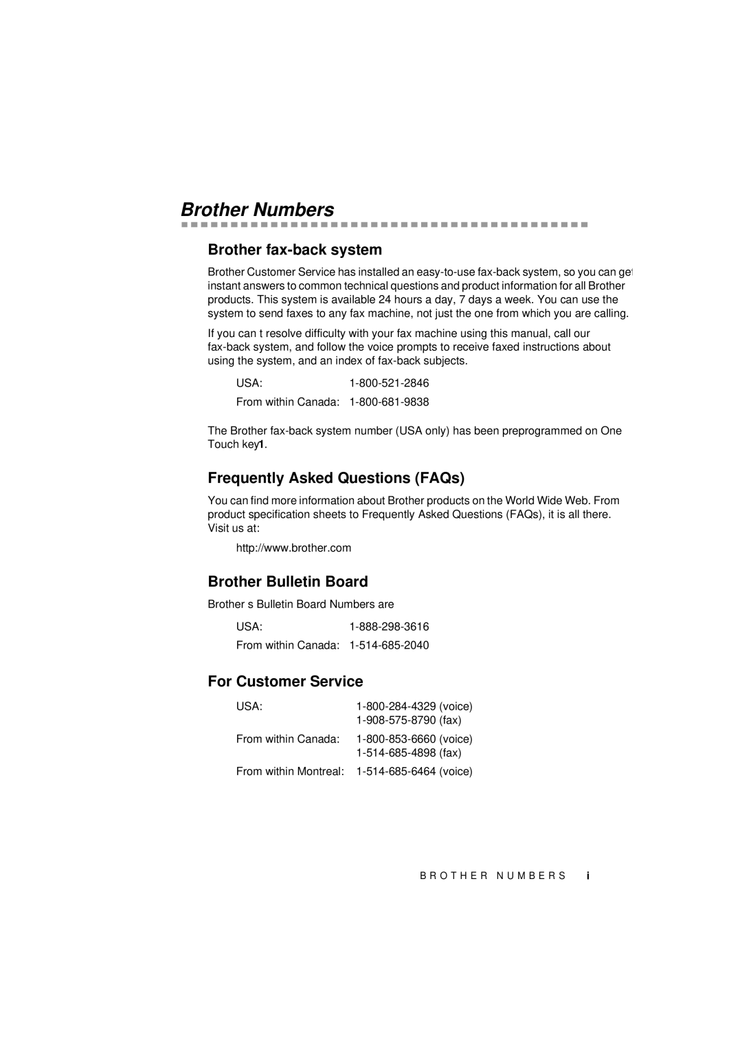 Brother 560 owner manual Brother Numbers, Brother fax-back system, Frequently Asked Questions FAQs, Brother Bulletin Board 