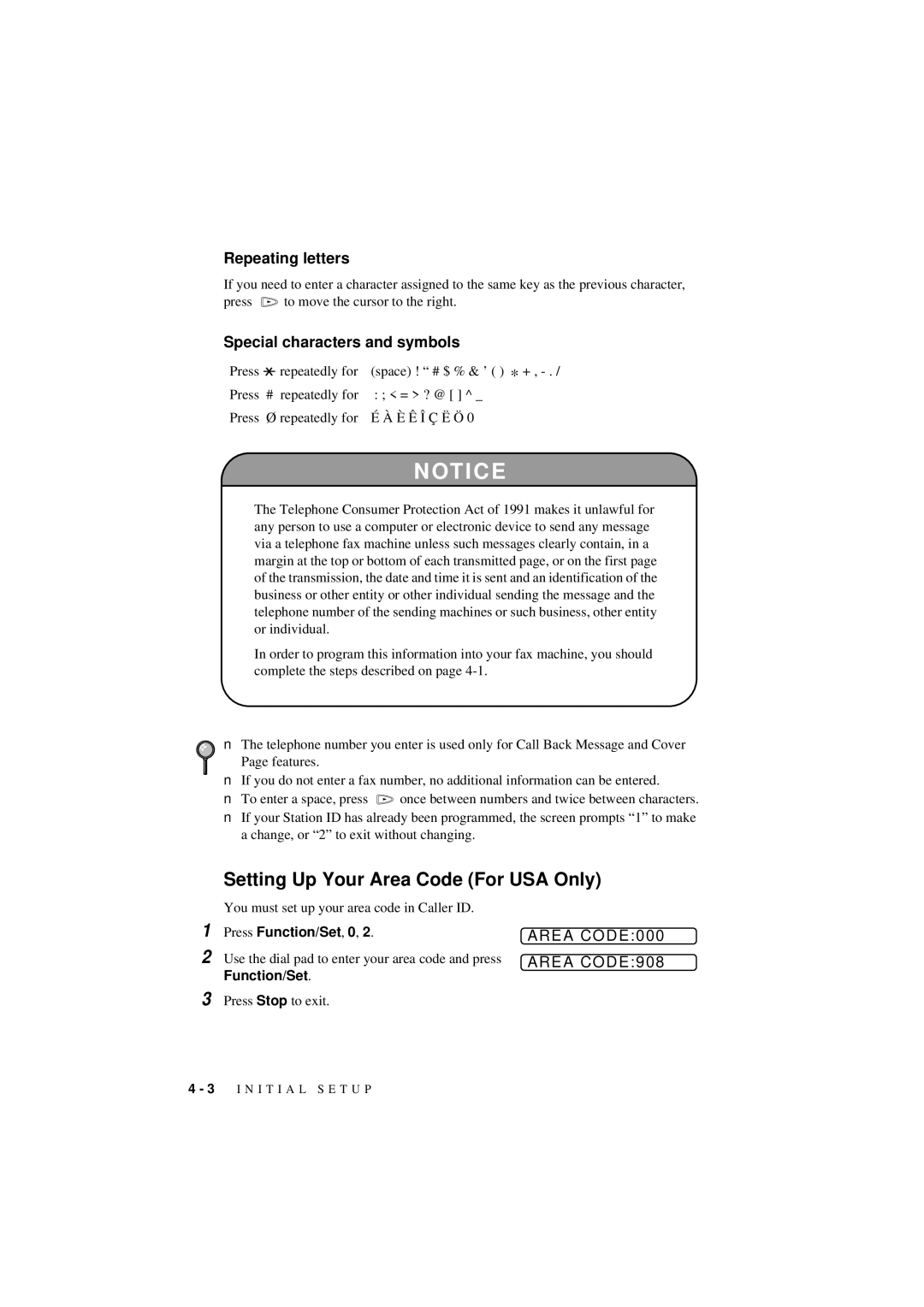 Brother 560 owner manual Setting Up Your Area Code For USA Only, Repeating letters, Special characters and symbols 