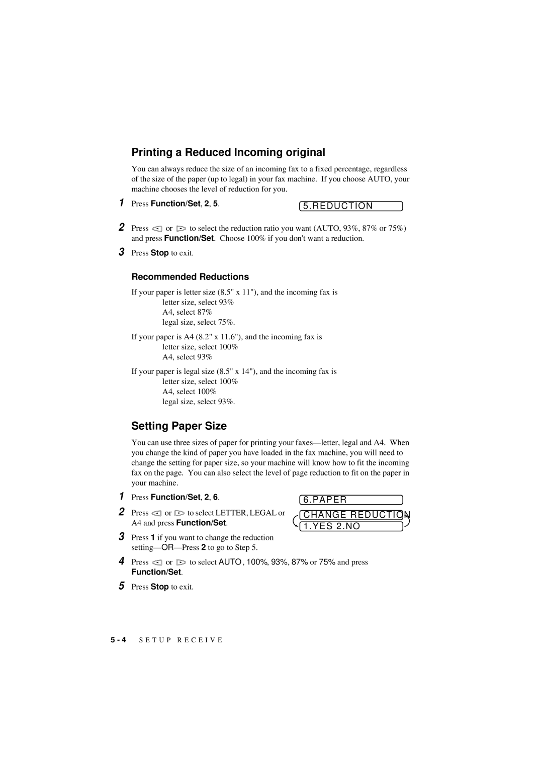 Brother 560 owner manual Printing a Reduced Incoming original, Setting Paper Size, Recommended Reductions 