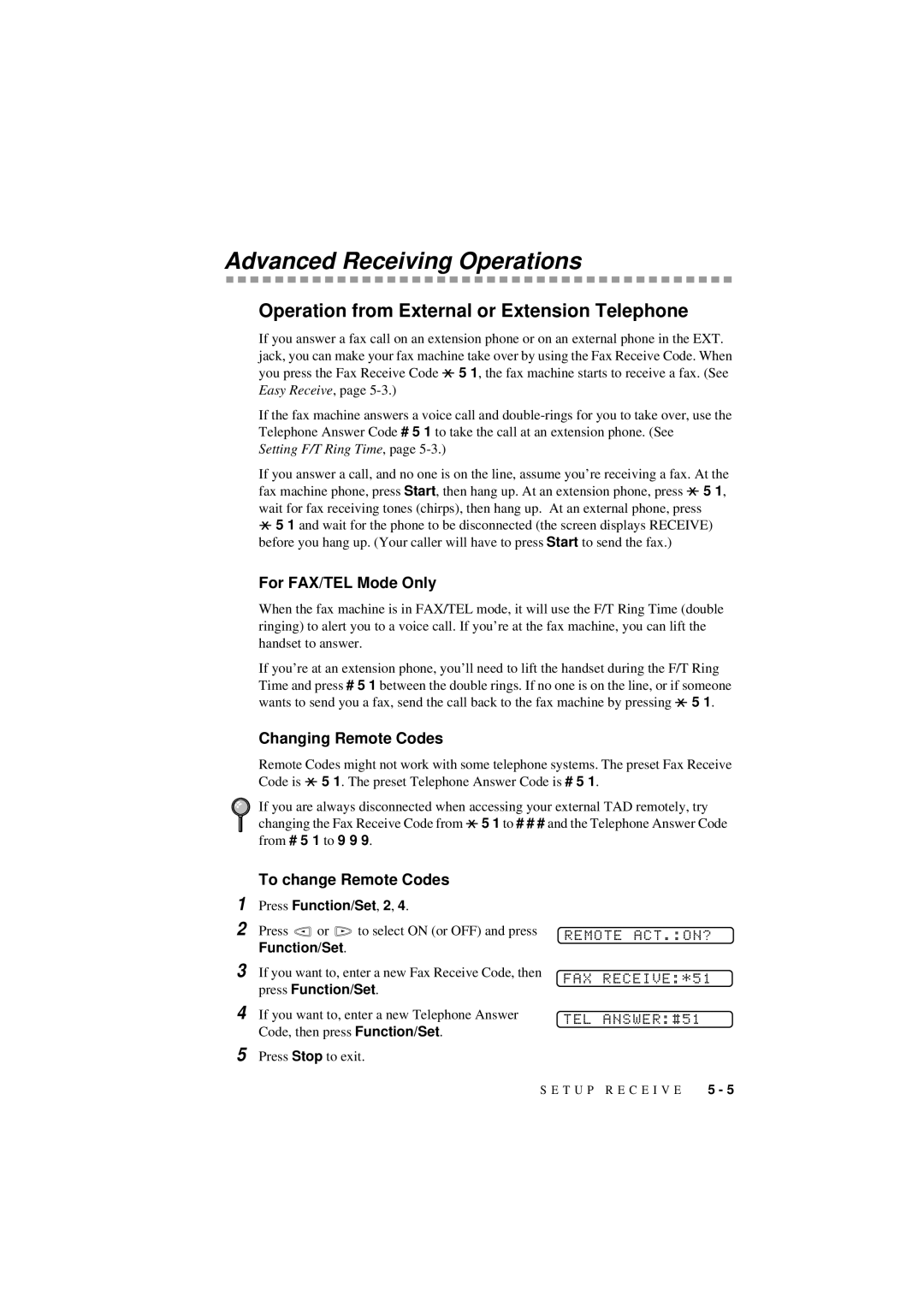 Brother 560 Advanced Receiving Operations, Operation from External or Extension Telephone, For FAX/TEL Mode Only 