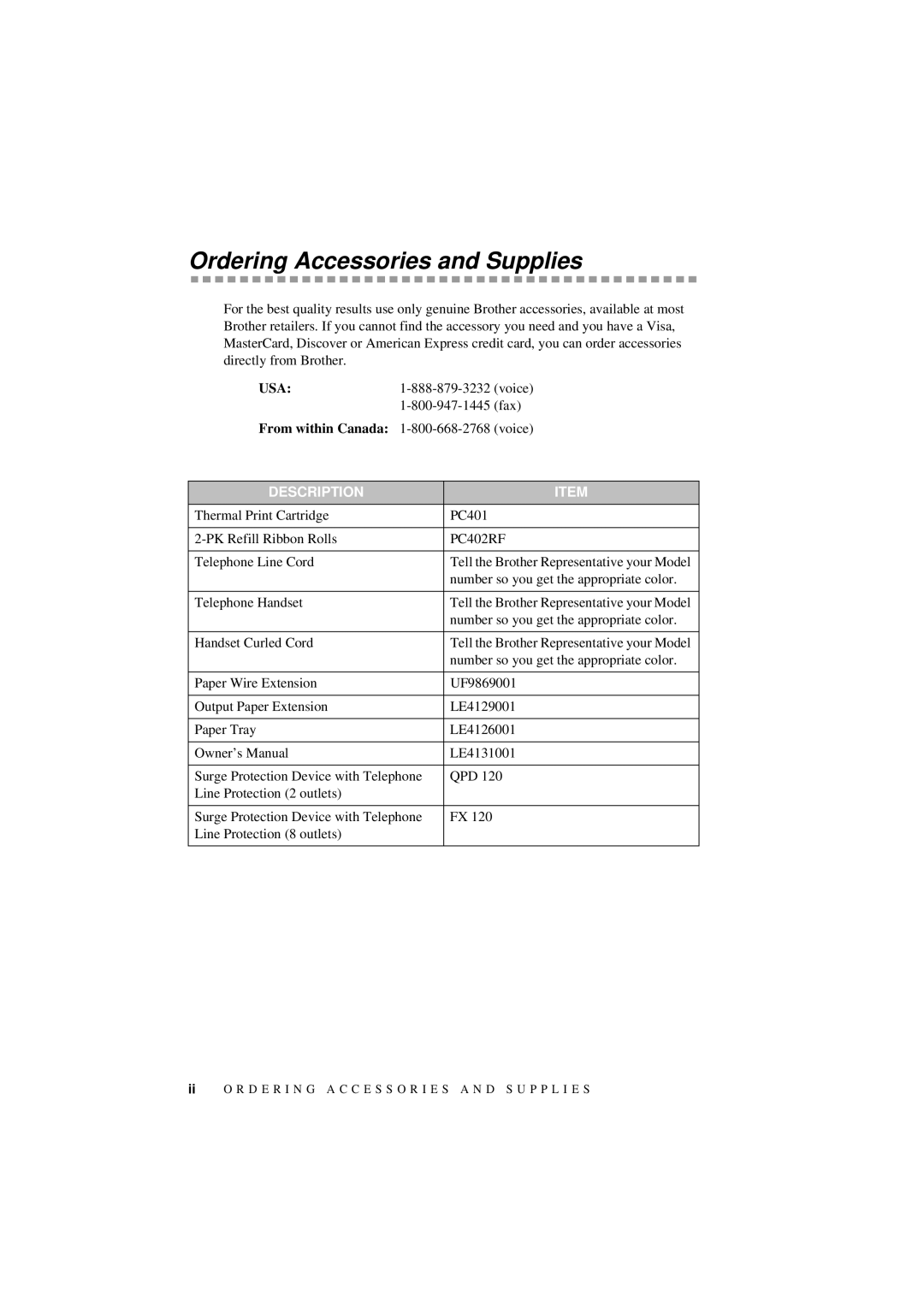 Brother 560 owner manual Ordering Accessories and Supplies, PC402RF 