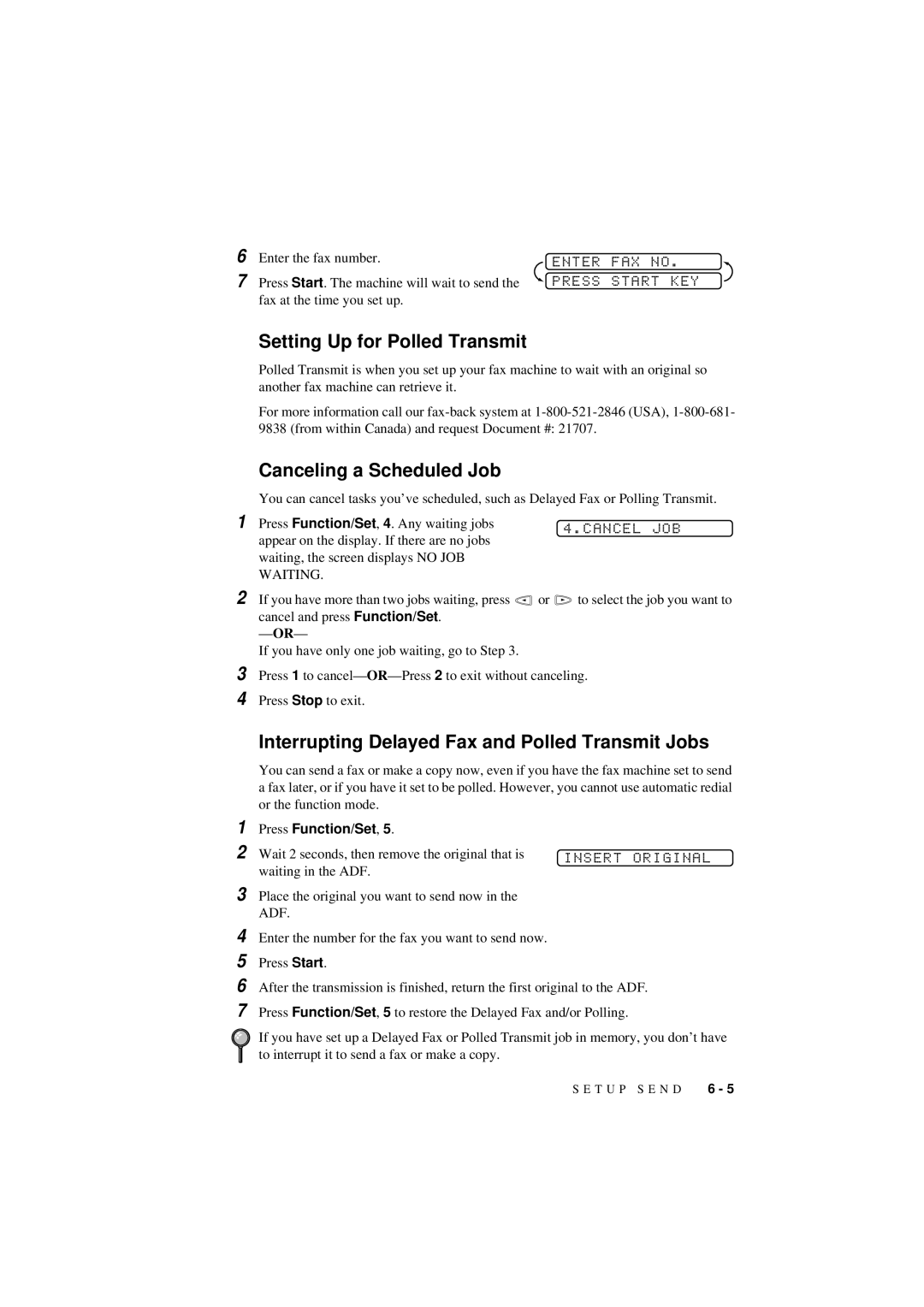 Brother 560 Setting Up for Polled Transmit, Canceling a Scheduled Job, Enter FAX no, Press Start KEY, Cancel JOB 