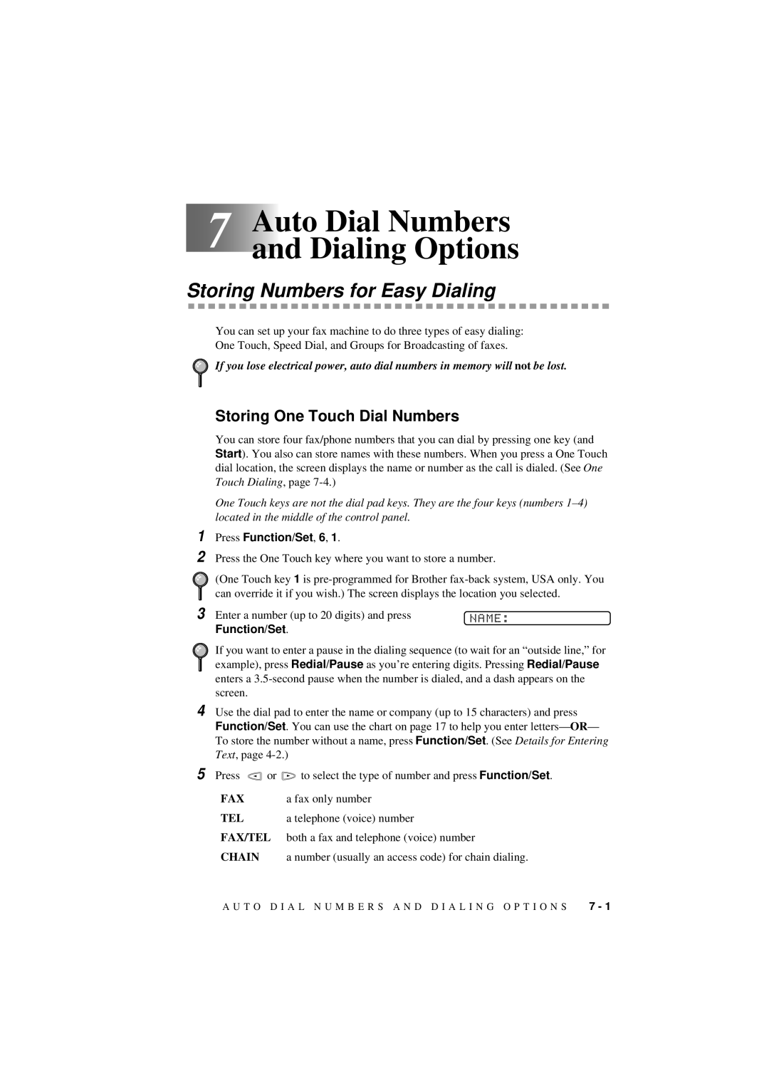 Brother 560 Auto Dial Numbers and Dialing Options, Storing Numbers for Easy Dialing, Storing One Touch Dial Numbers 