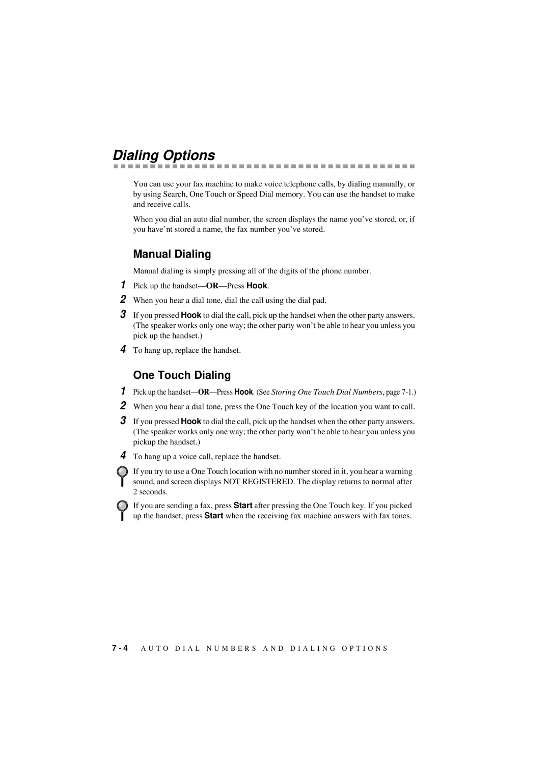 Brother 560 owner manual Dialing Options, Manual Dialing, One Touch Dialing 