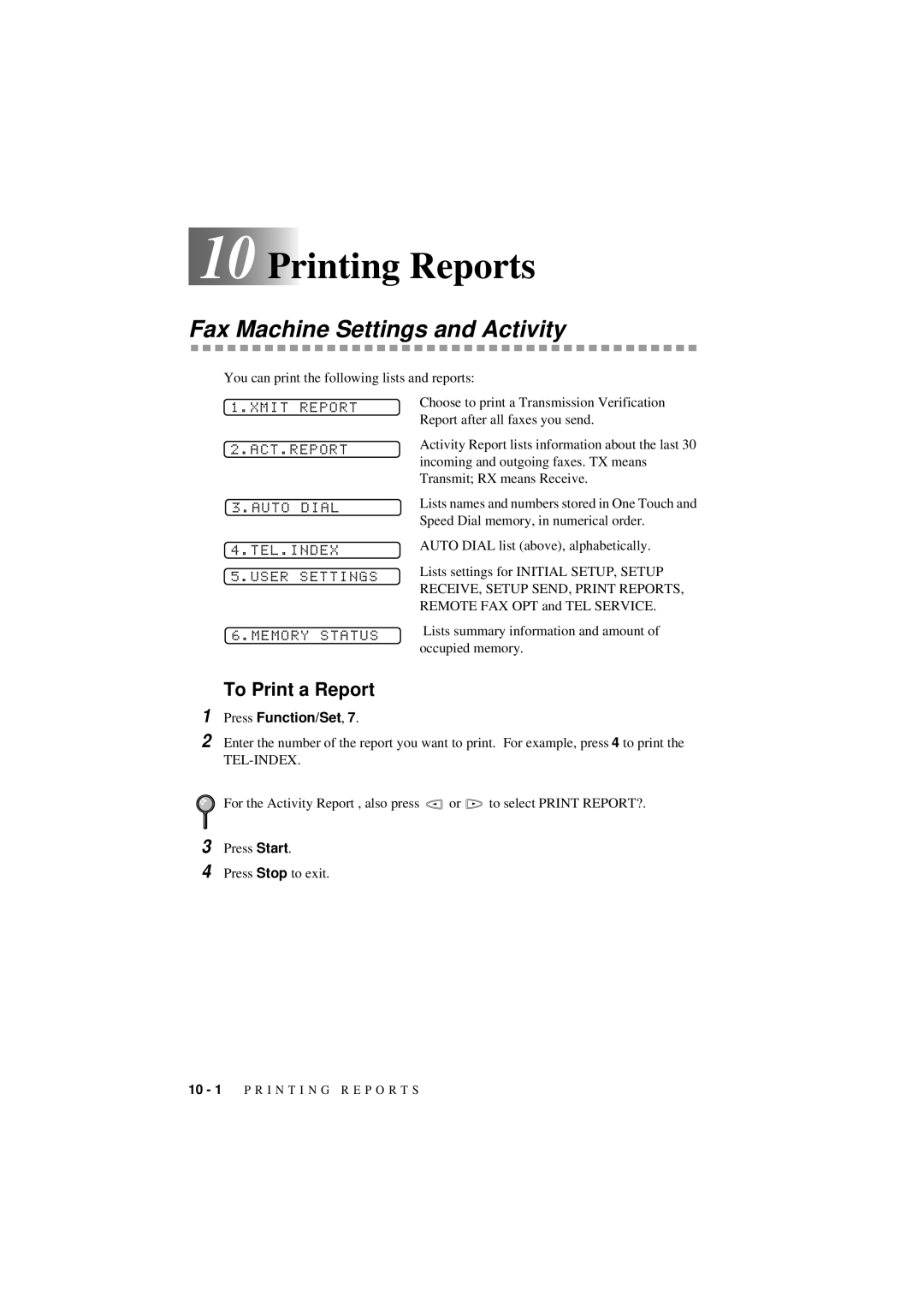 Brother 560 owner manual Printing Reports, Fax Machine Settings and Activity, RECEIVE, Setup SEND, Print Reports 