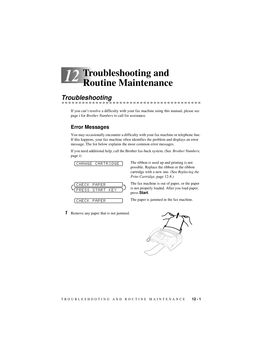 Brother 560 owner manual Troubleshooting, Error Messages, Change Cartridge, Check Paper Press Start KEY 