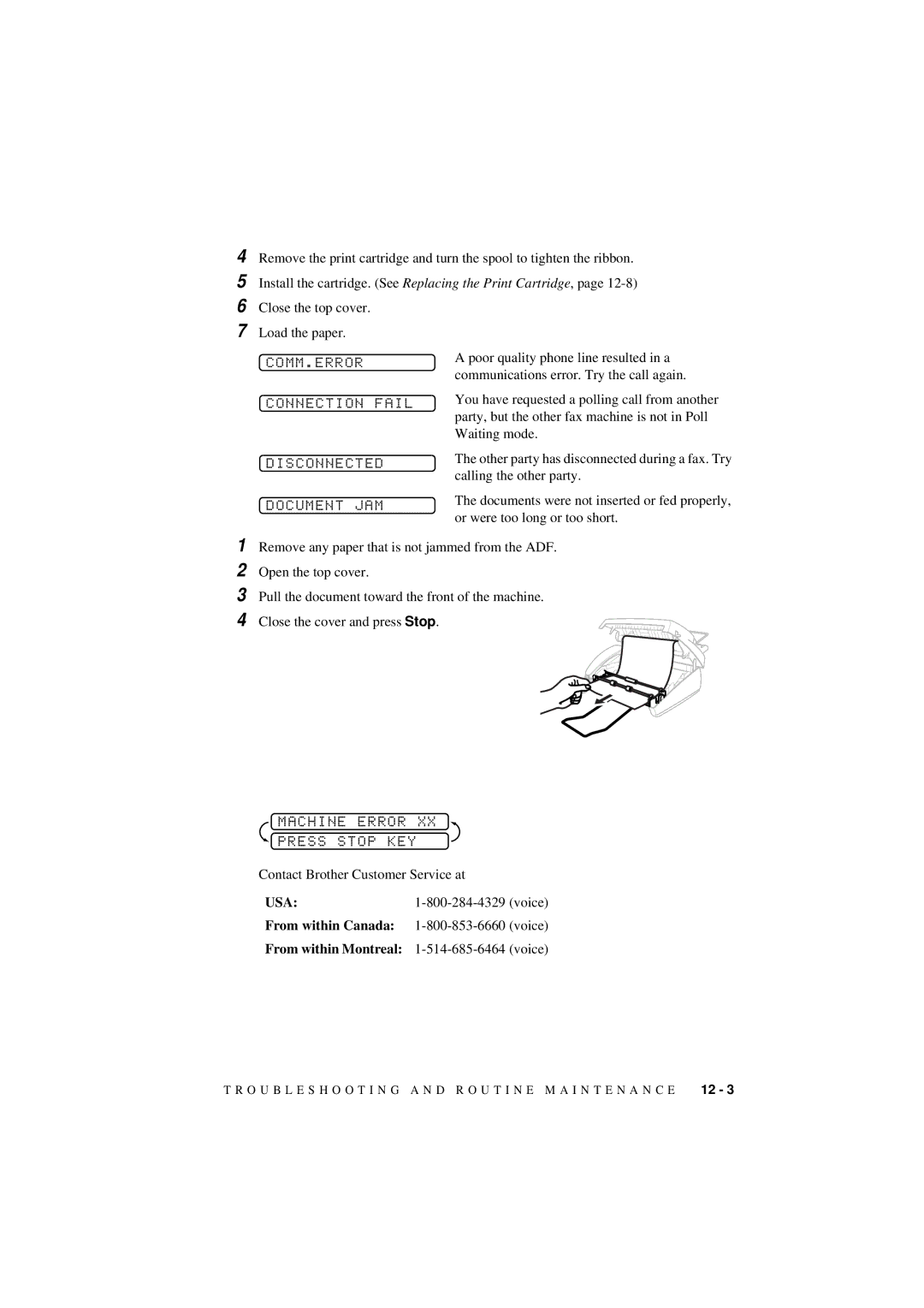 Brother 560 owner manual Comm.Error, Connection Fail Disconnected Document JAM, Machine Error Press Stop KEY 