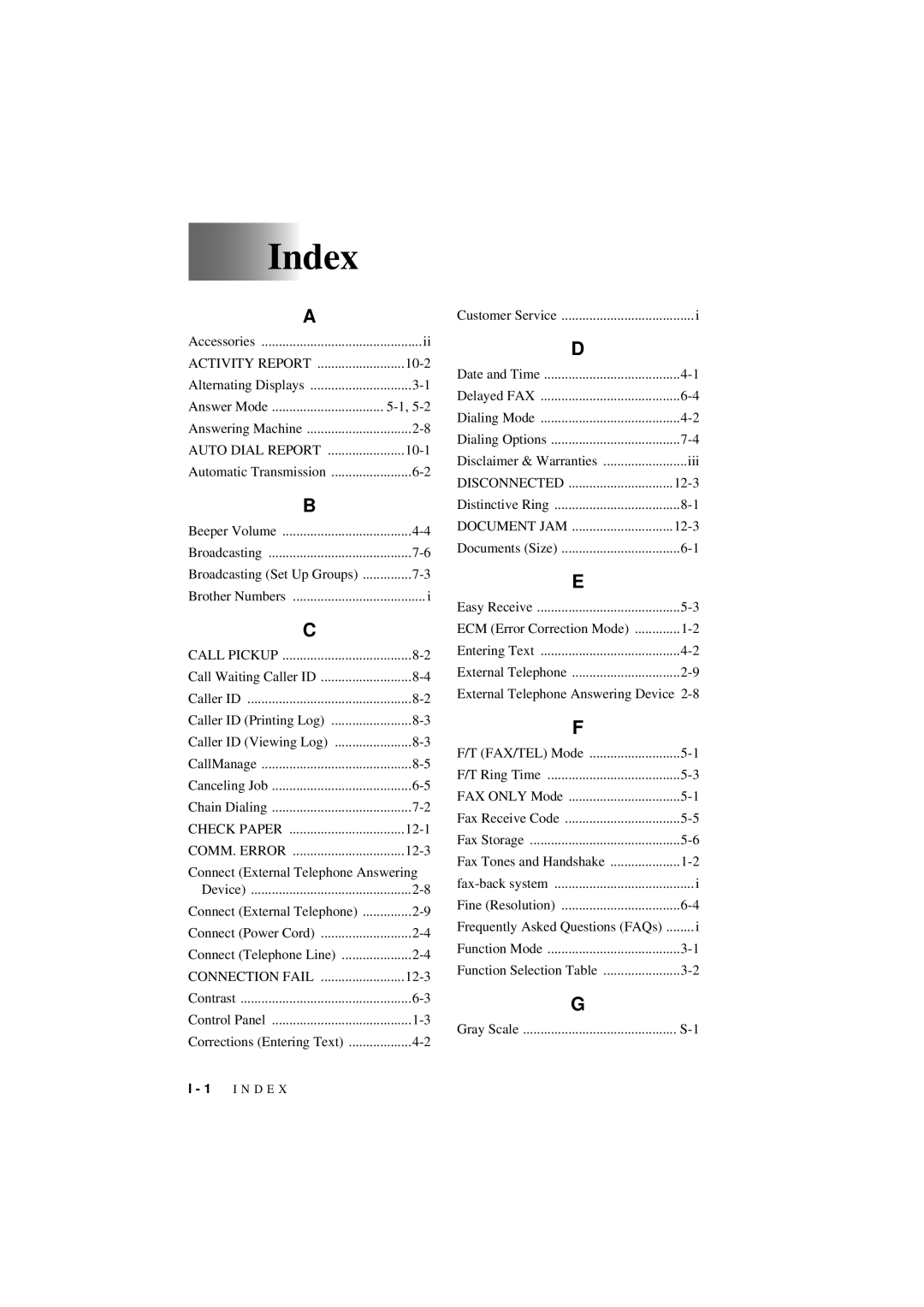 Brother 560 owner manual Index, Check Paper, COMM. Error, Connection Fail, Disconnected 