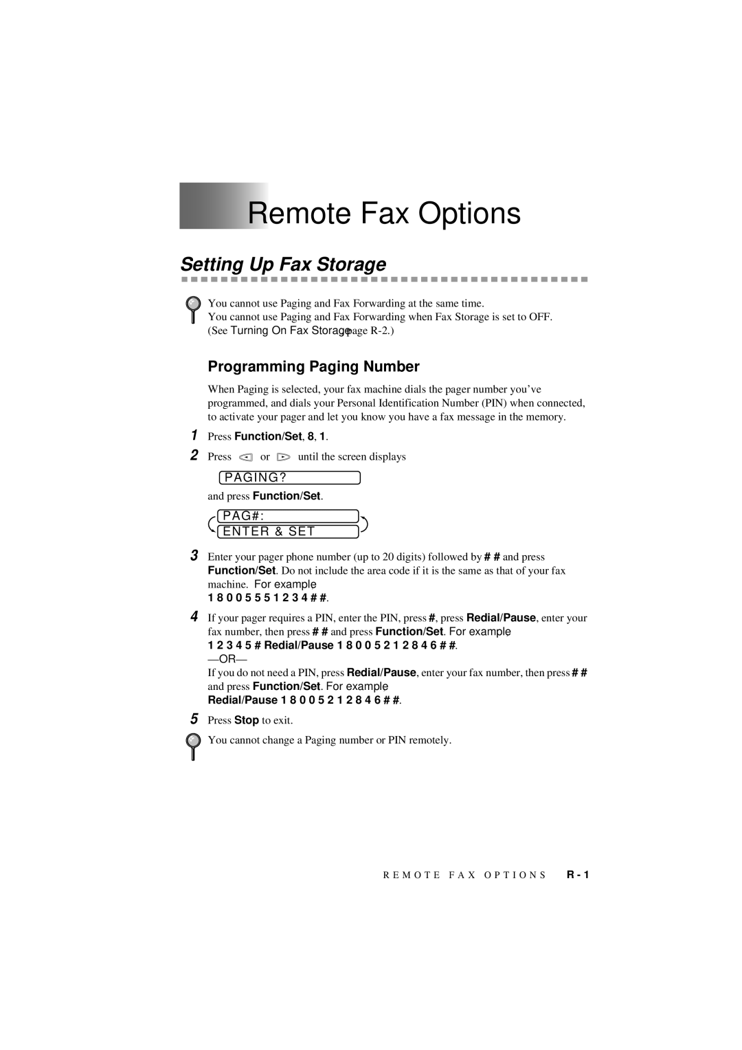 Brother 560 owner manual Remote Fax Options, Setting Up Fax Storage, Programming Paging Number, Paging?, PAG# Enter & SET 